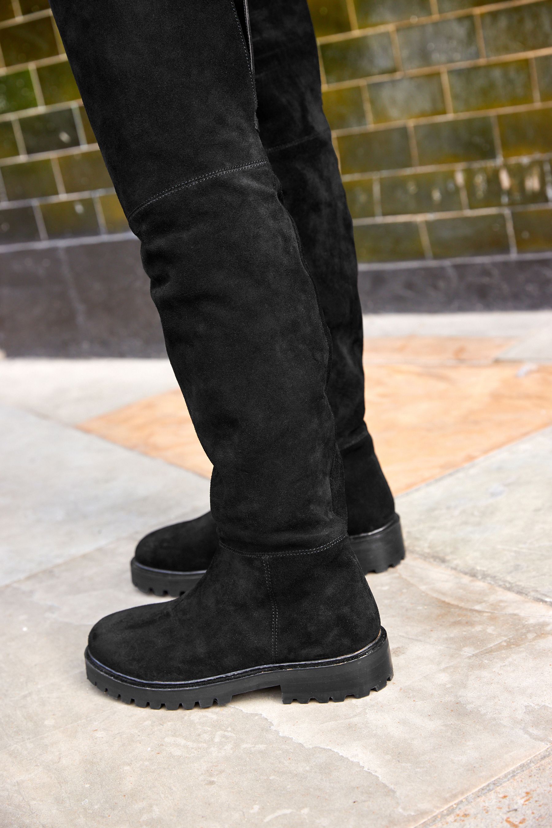 Grey flat over the knee suede boots hot sale