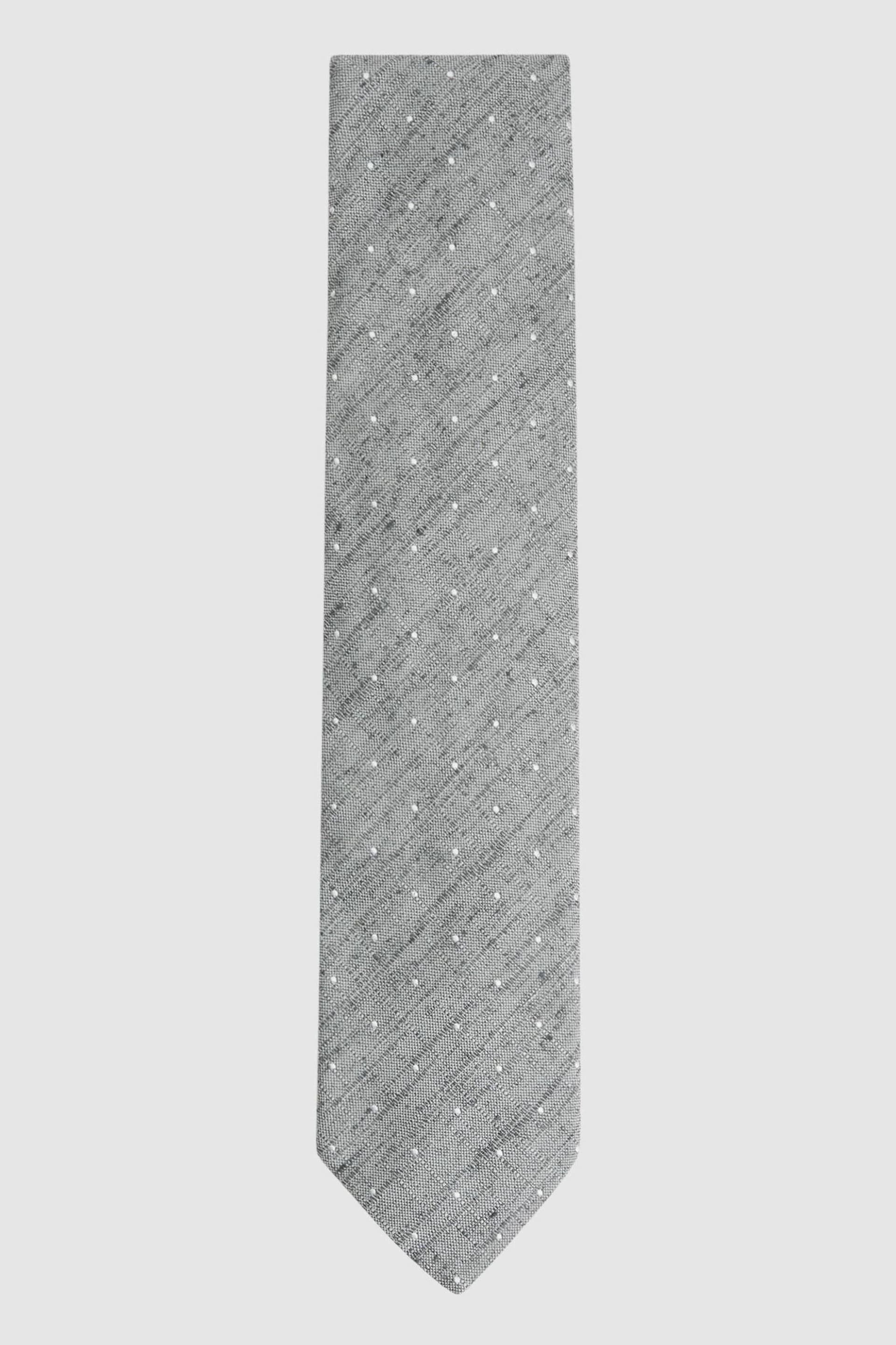 Reiss Soft Grey Levanzo Silk Textured Polka Dot Tie - Image 1 of 5