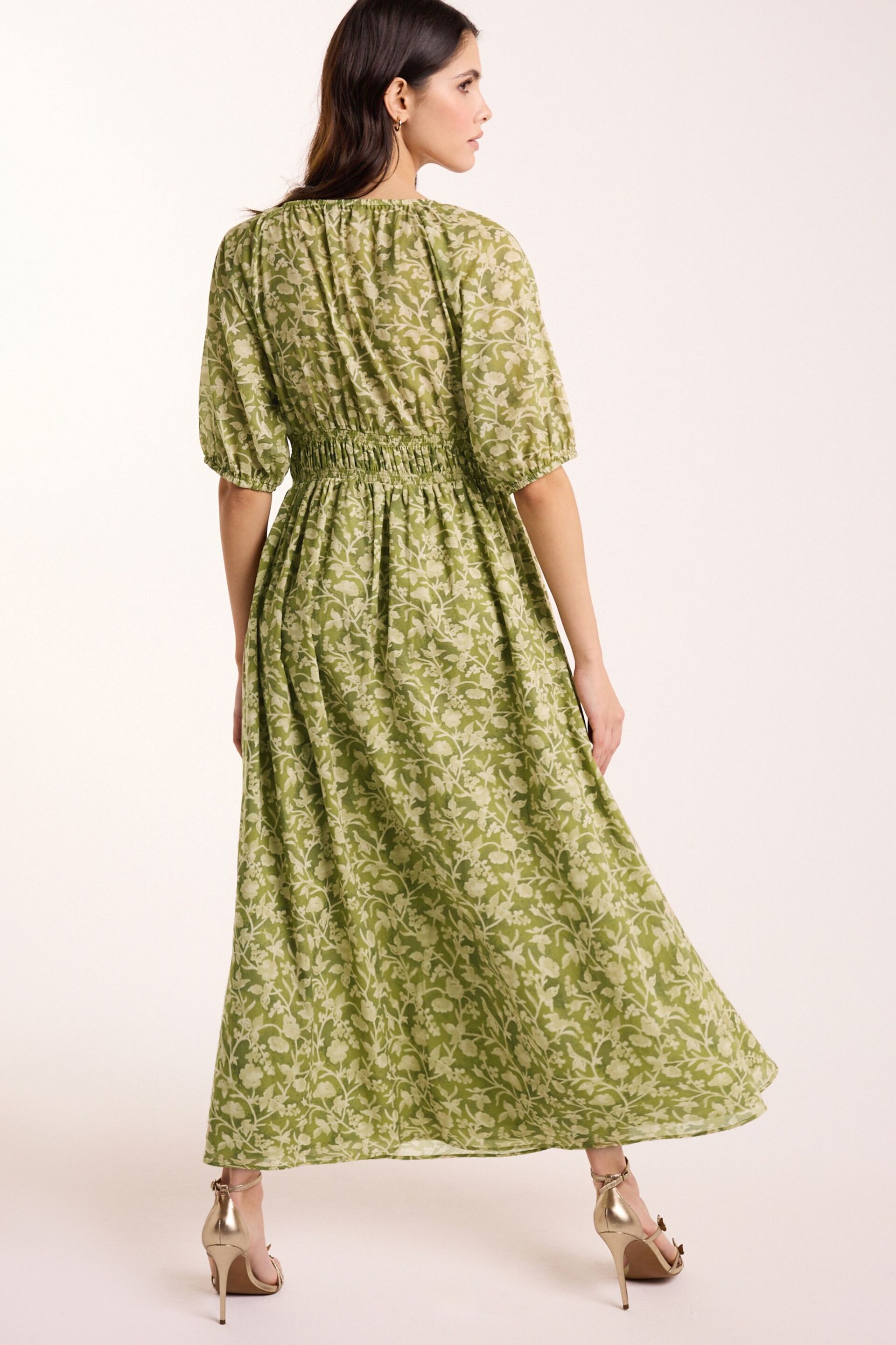 Green 100% Cotton Shirred Maxi Dress - Image 2 of 5