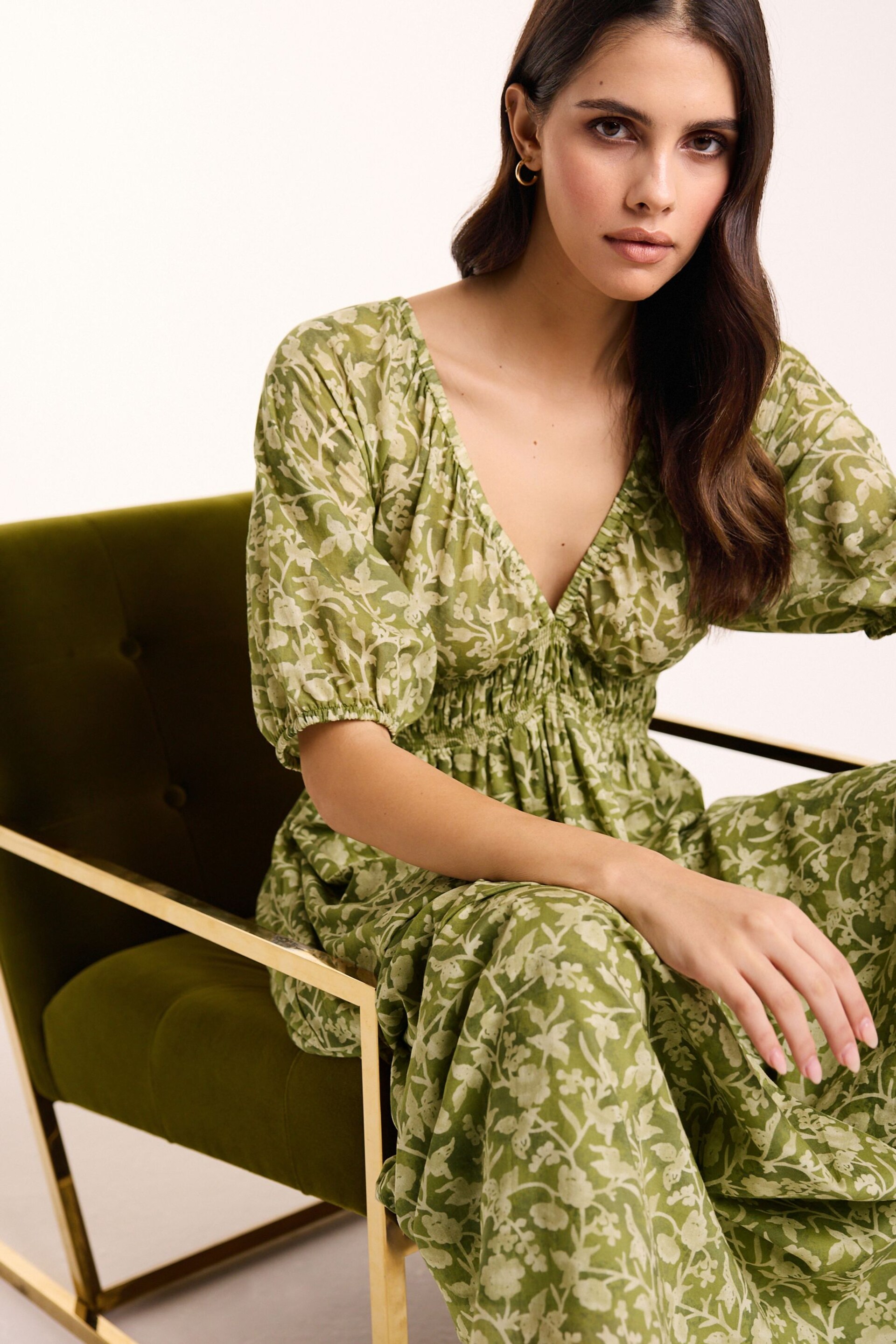 Green 100% Cotton Shirred Maxi Dress - Image 3 of 5