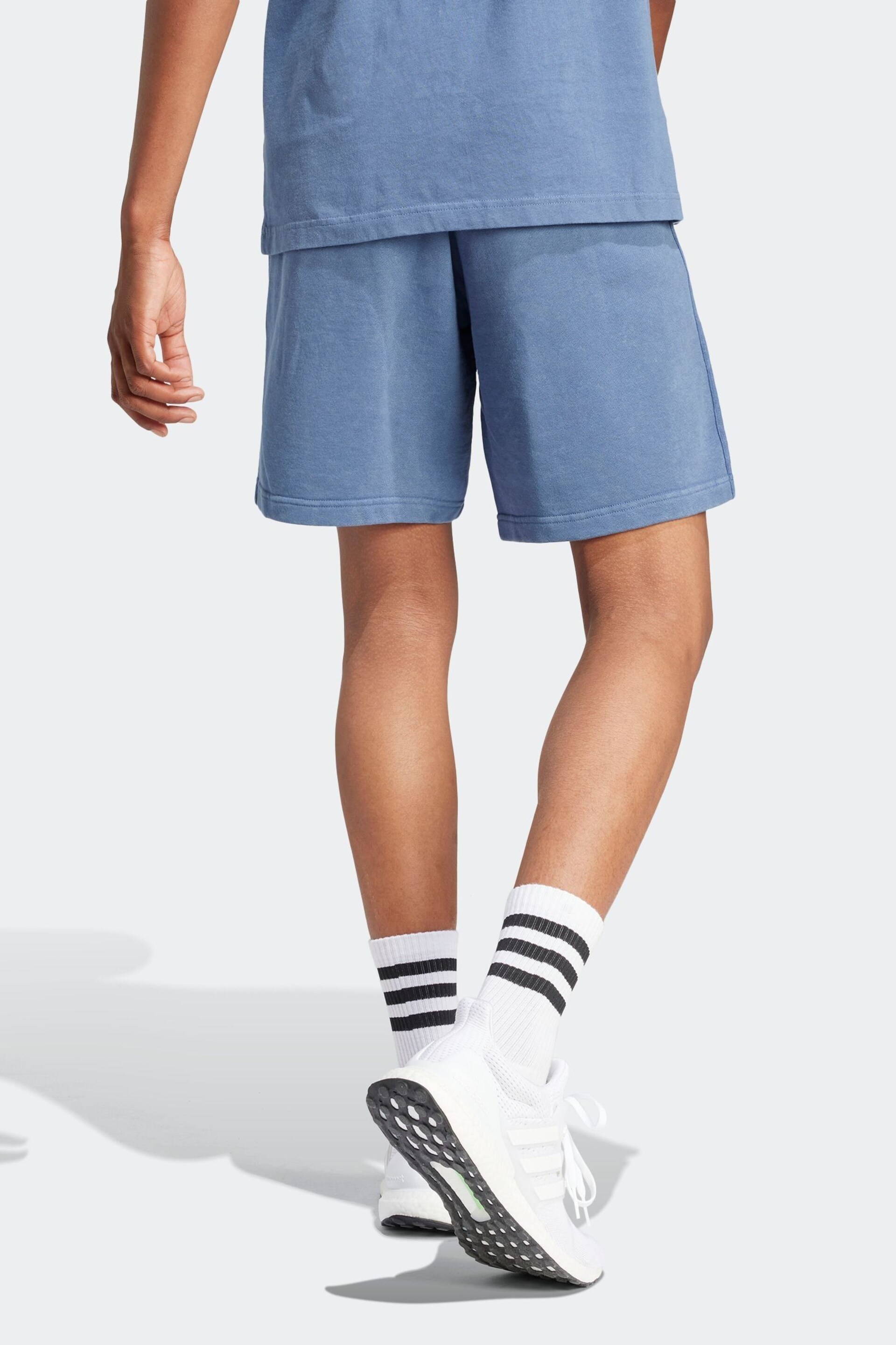 adidas Blue Sportswear All Szn French Terry 3-Stripes Garment Wash Shorts - Image 2 of 6