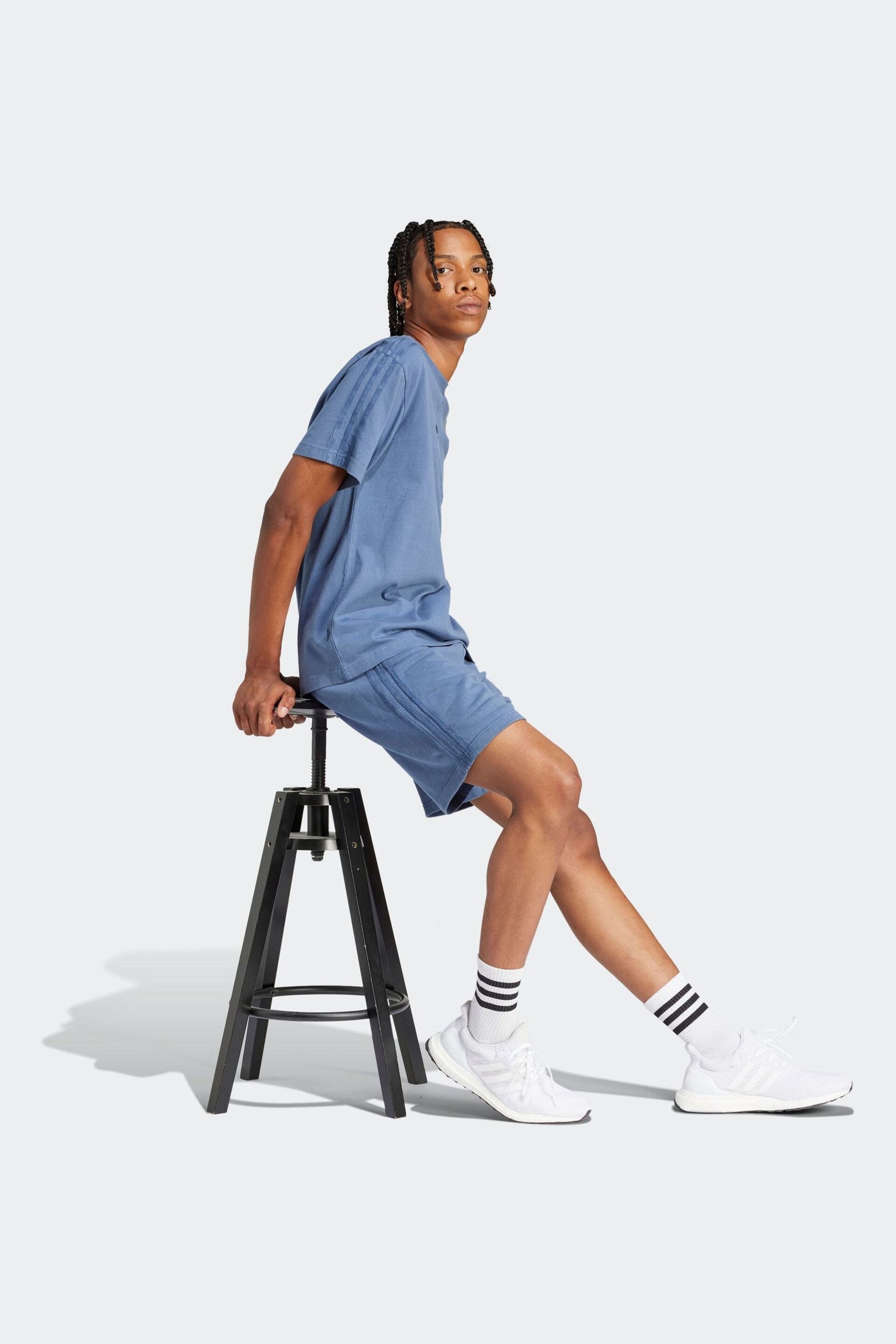 adidas Blue Sportswear All Szn French Terry 3-Stripes Garment Wash Shorts - Image 3 of 6