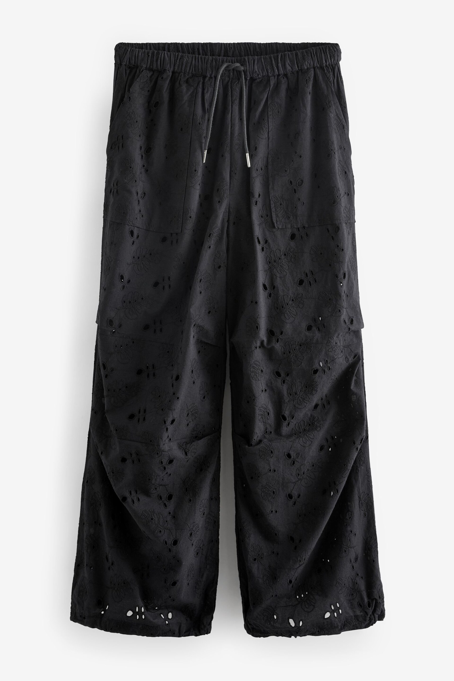 Black 100% Cotton Broderie Cargo Trousers - Image 6 of 8