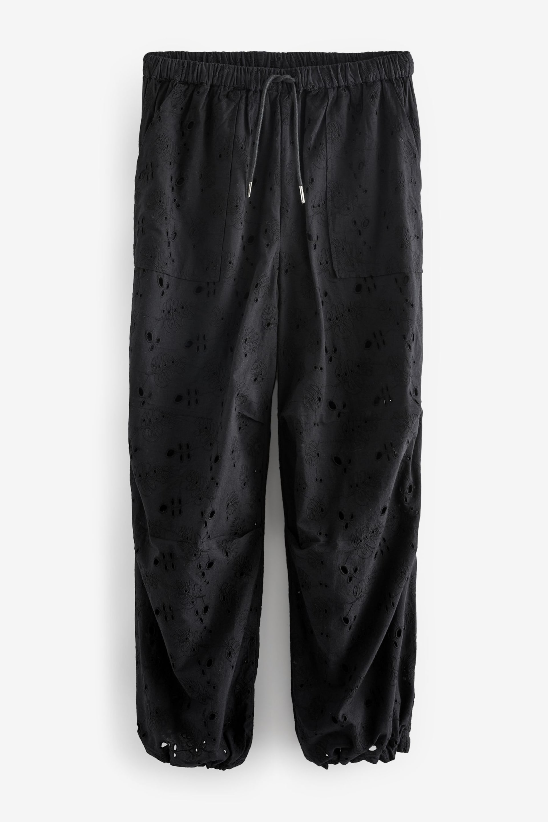Black 100% Cotton Broderie Cargo Trousers - Image 7 of 8