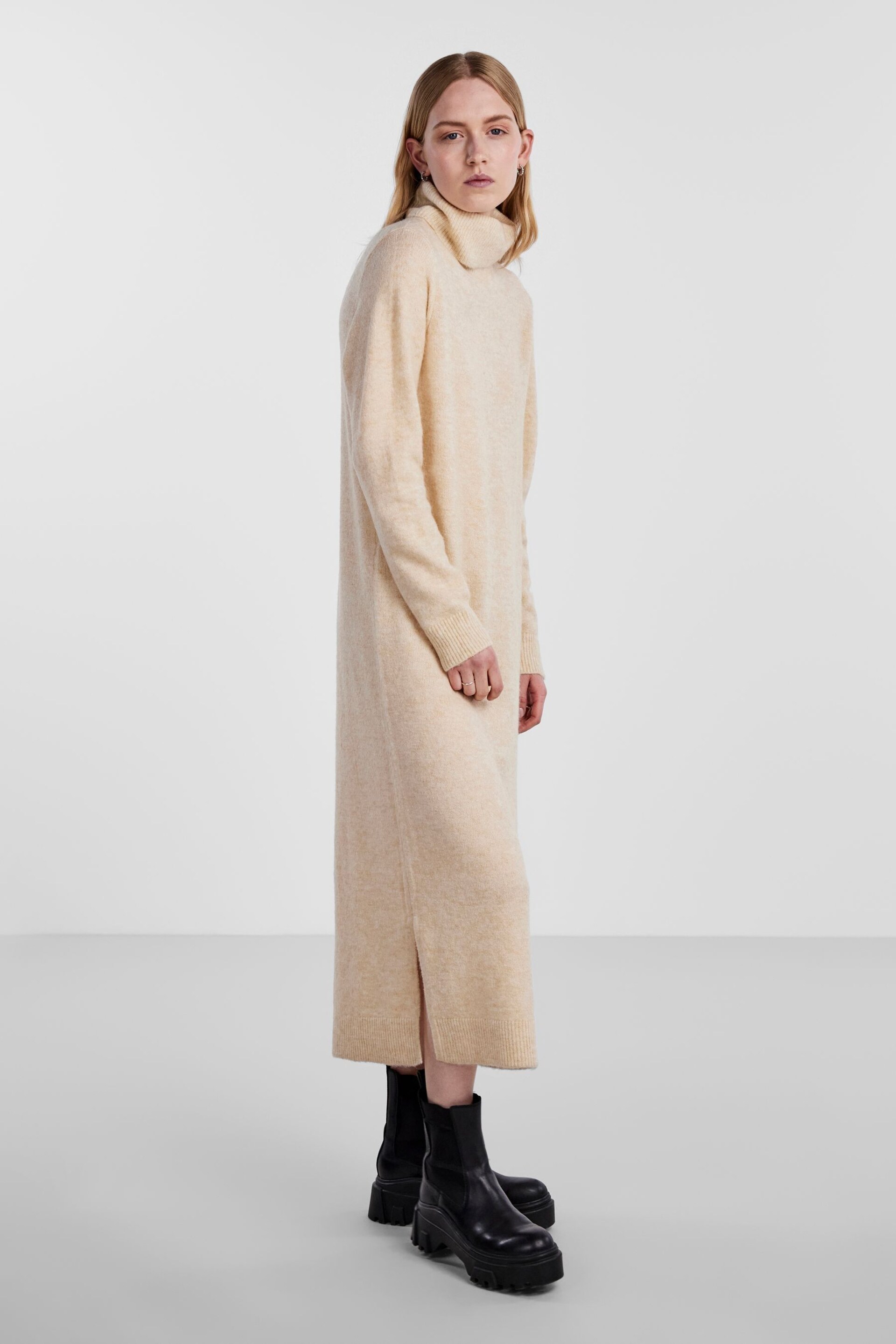 PIECES Cream Roll Neck Knitted Midi Jumper Dress - Image 3 of 5