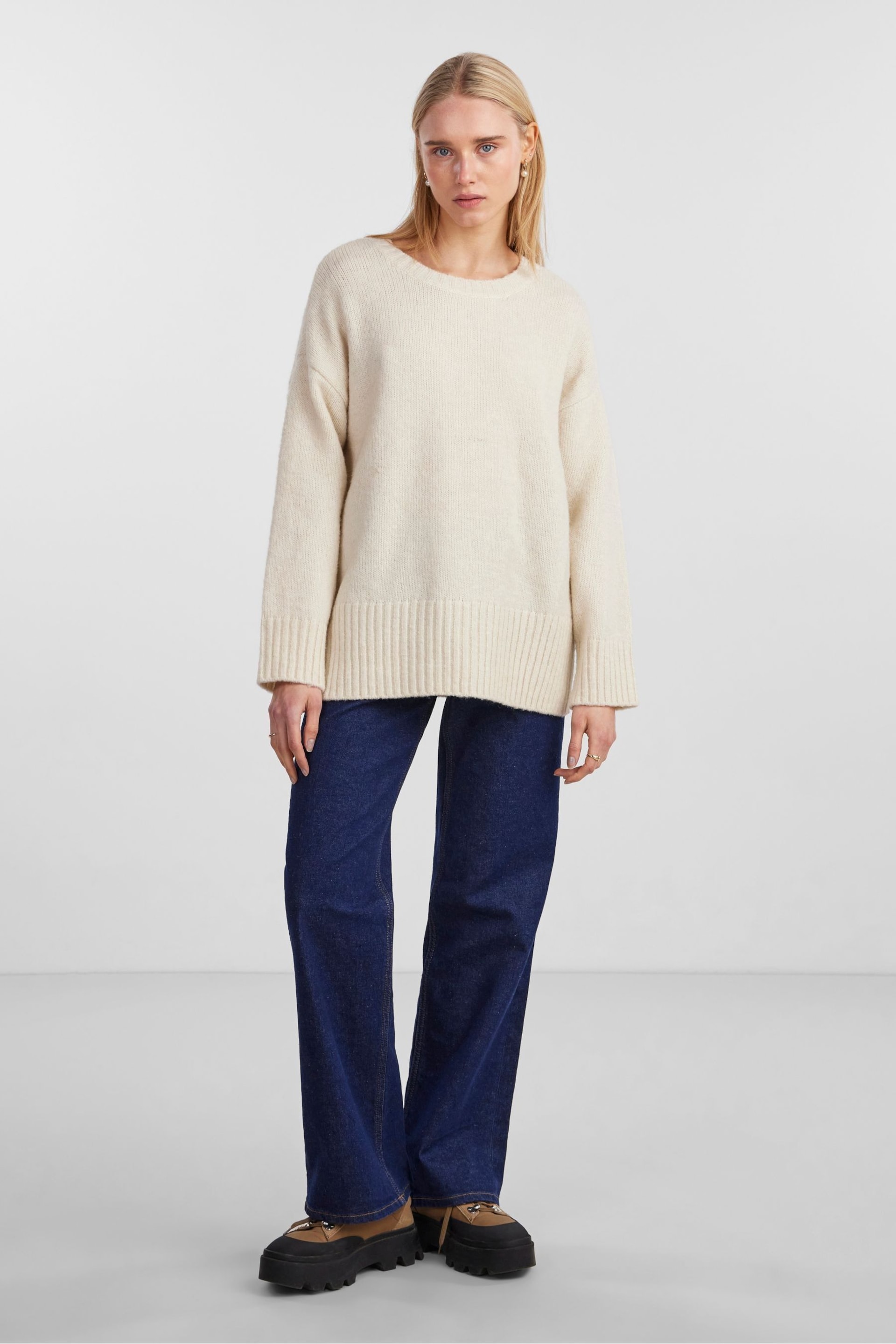 PIECES Cream Oversized Round Neck Longline Jumper - Image 3 of 5