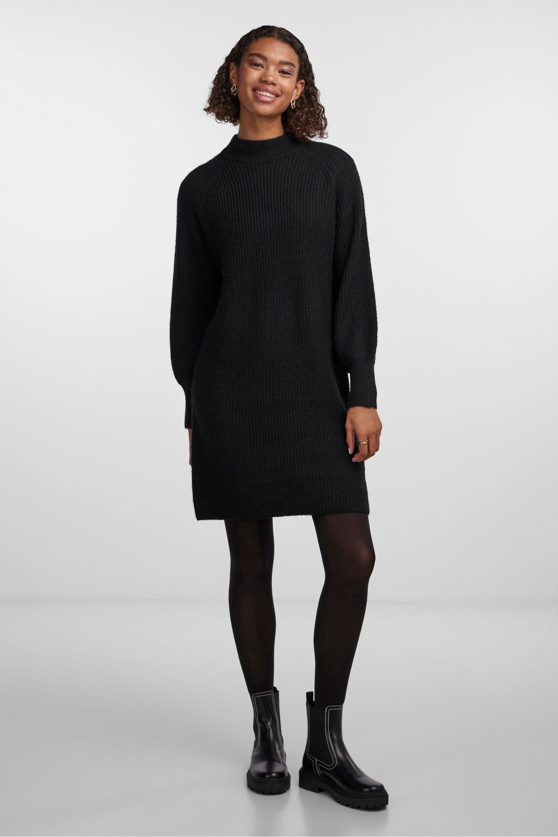 PIECES Black High Neck Knitted Balloon Sleeve Jumper Dress - Image 1 of 5