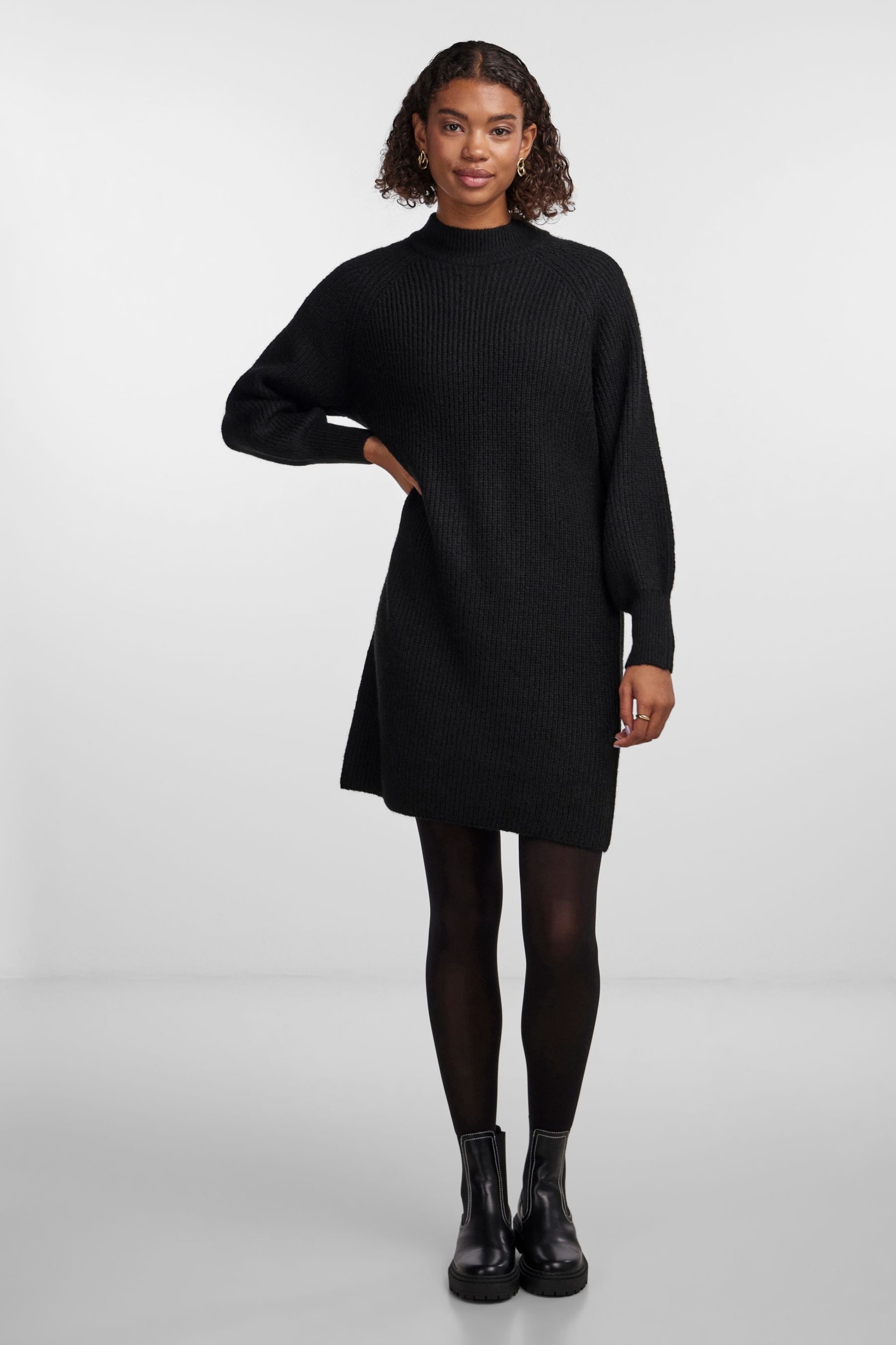 PIECES Black High Neck Knitted Balloon Sleeve Jumper Dress - Image 3 of 5