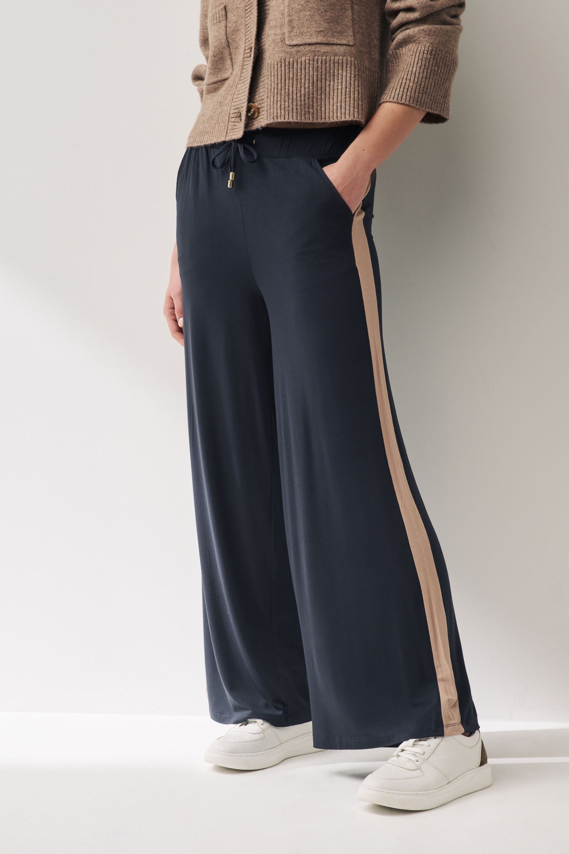 Navy Jersey Wide Leg Trousers - Image 1 of 6