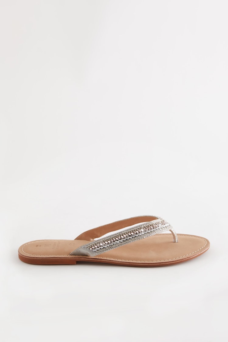 Silver Regular/Wide Fit Forever Comfort® Leather Embellished Toe Thong Sandals - Image 2 of 5