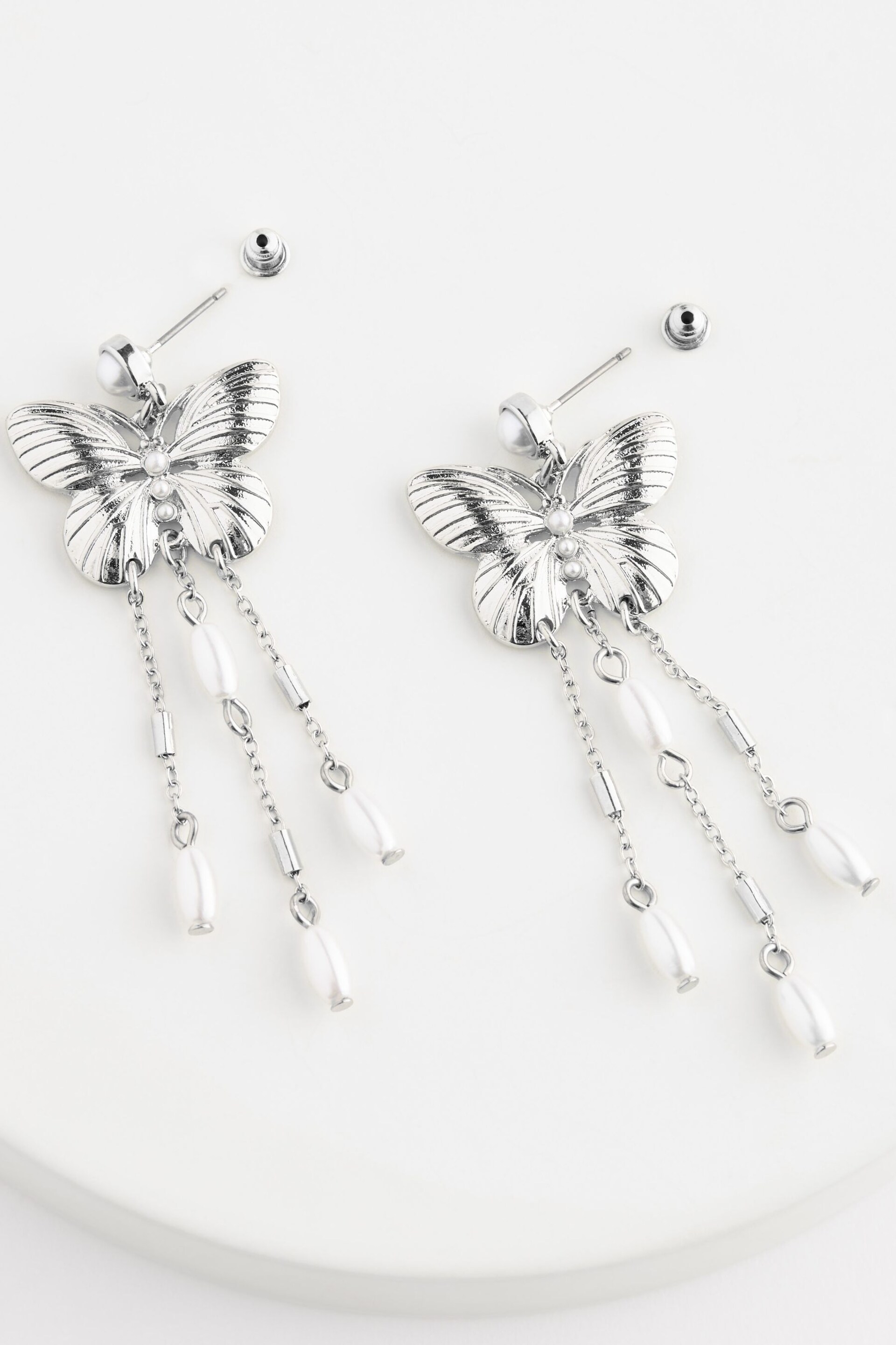 Silver Tone Butterfly Pearl Drop Statement Earrings - Image 3 of 3