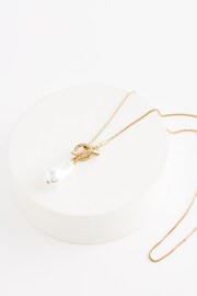 Gold Tone Pearl Drop T-Bar Necklace Made with Recycled Brass - Image 3 of 4