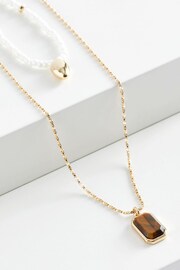 White Bead Gold Tone Chain Two Layer Necklace Made with Recycled Metal - Image 3 of 3
