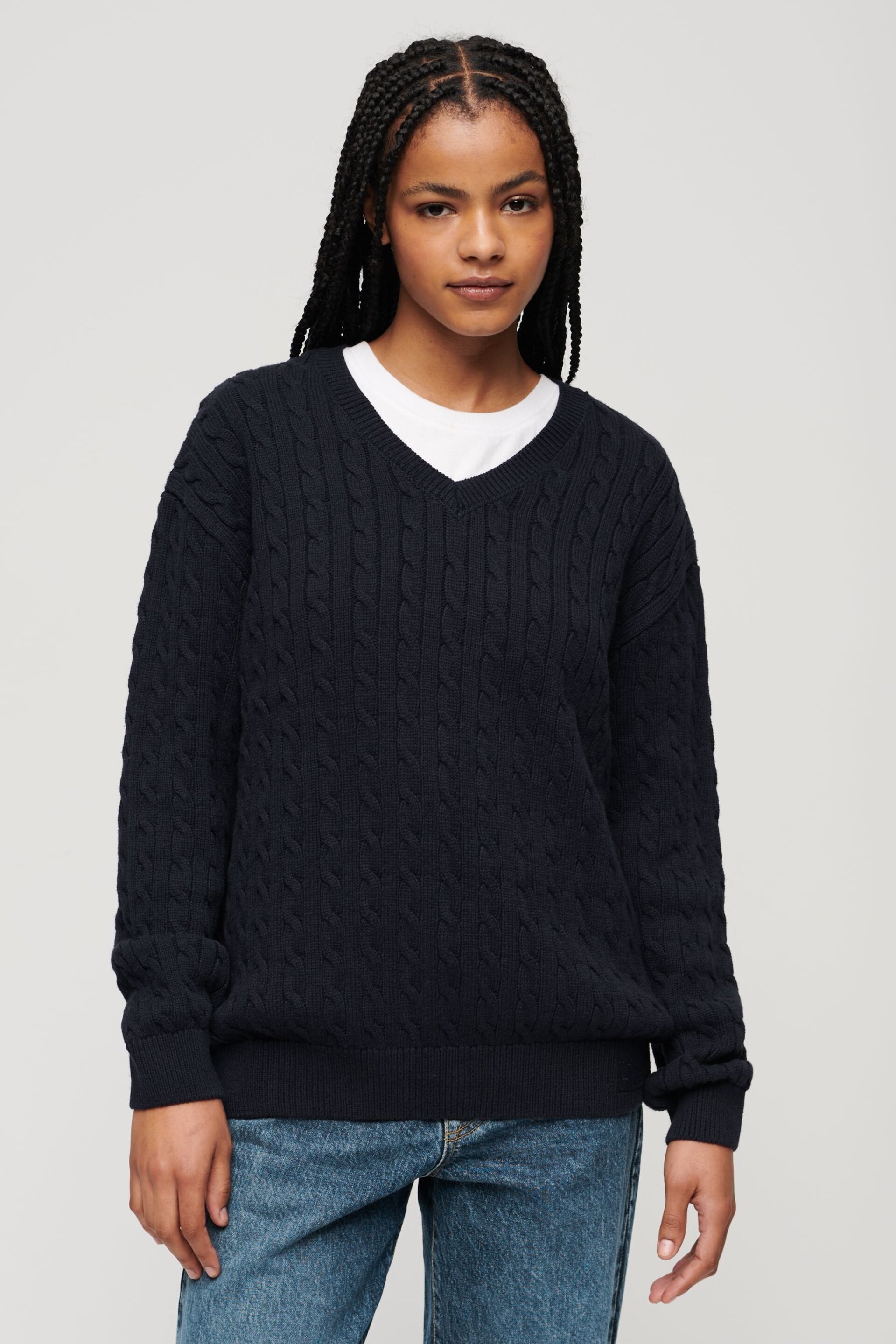 Superdry Blue Oversized V-Neck Cable Knit Jumper - Image 1 of 5