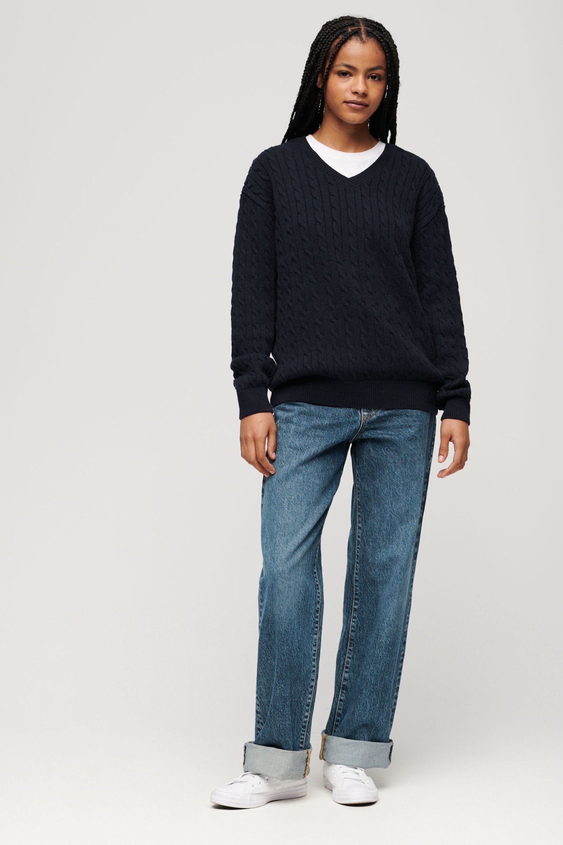 Superdry Blue Oversized V-Neck Cable Knit Jumper - Image 2 of 5