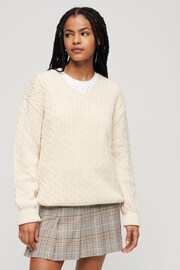 Superdry Cream Oversized V-Neck Cable Knit Jumper - Image 1 of 5