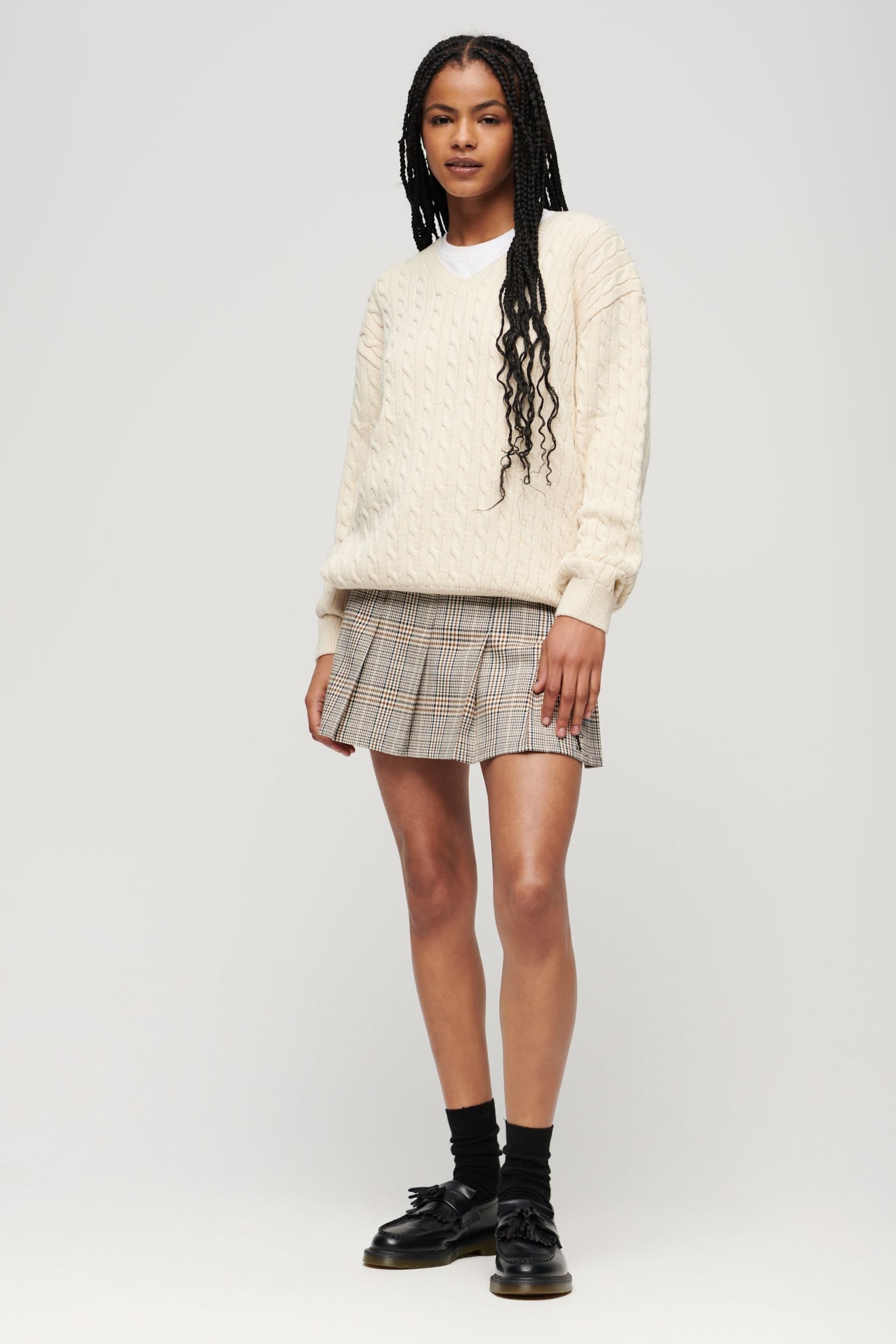 Superdry Cream Oversized V-Neck Cable Knit Jumper - Image 2 of 5