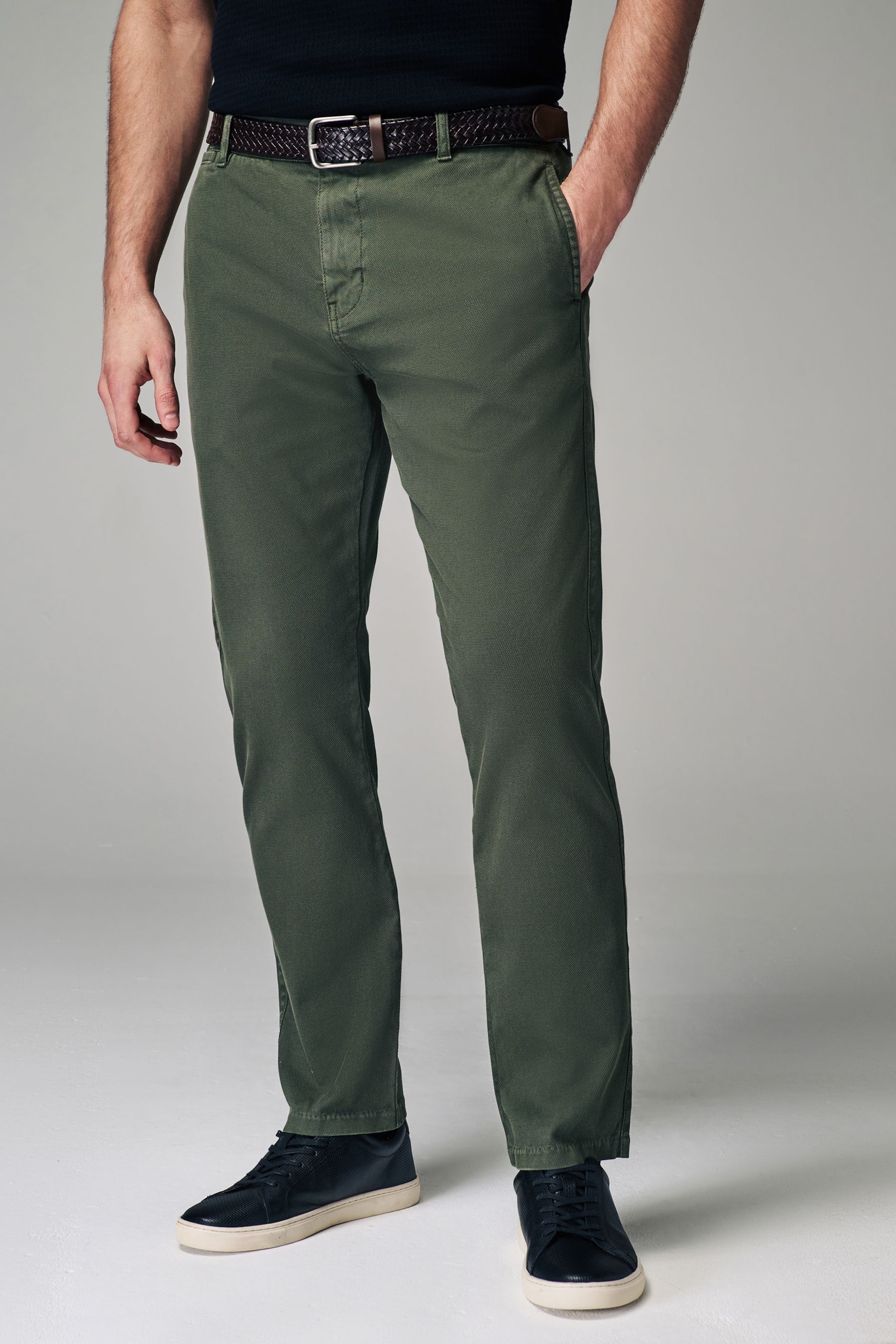 Green Slim Fit Textured Belted Trousers - Image 1 of 9