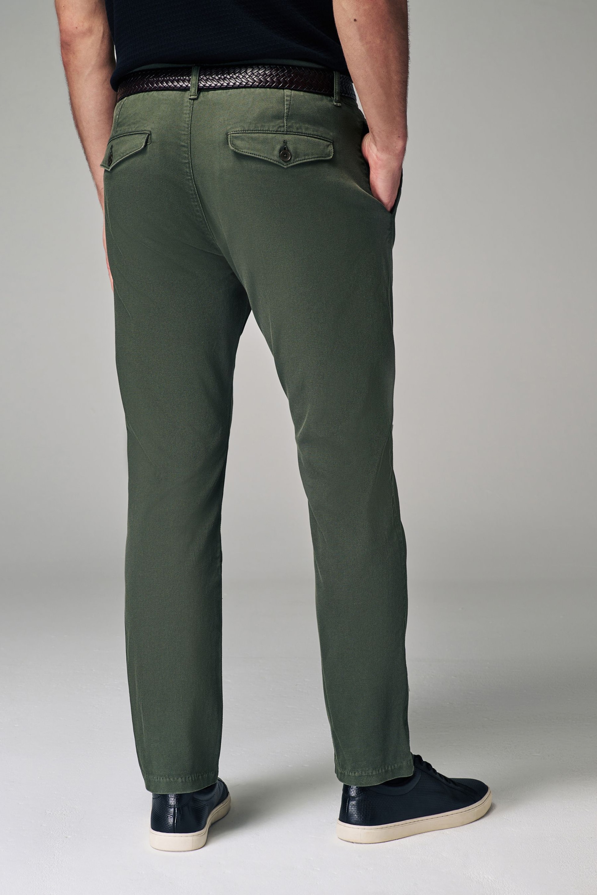 Green Slim Fit Textured Belted Trousers - Image 4 of 9