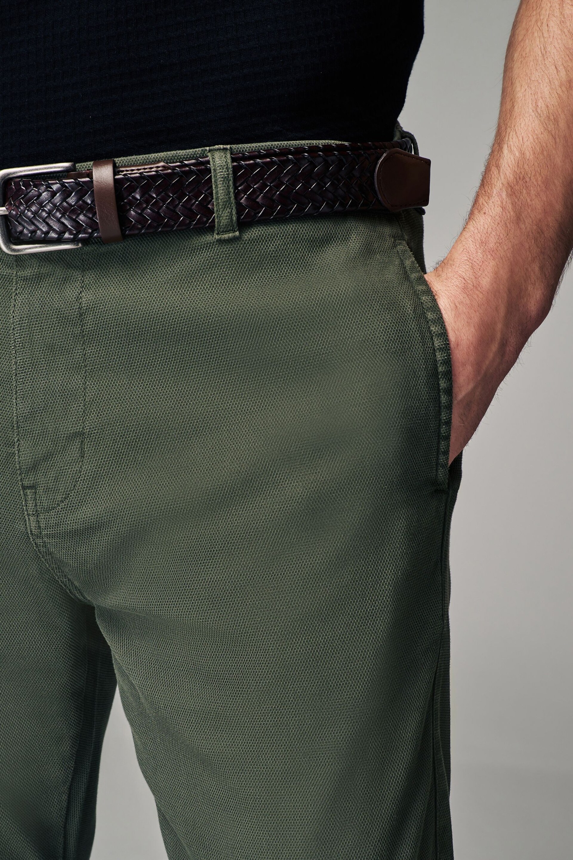 Green Slim Fit Textured Belted Trousers - Image 5 of 9