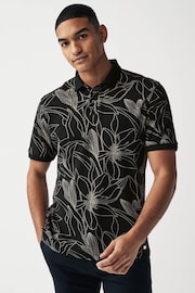Black/White Floral Print Textured Polo Shirt - Image 2 of 8