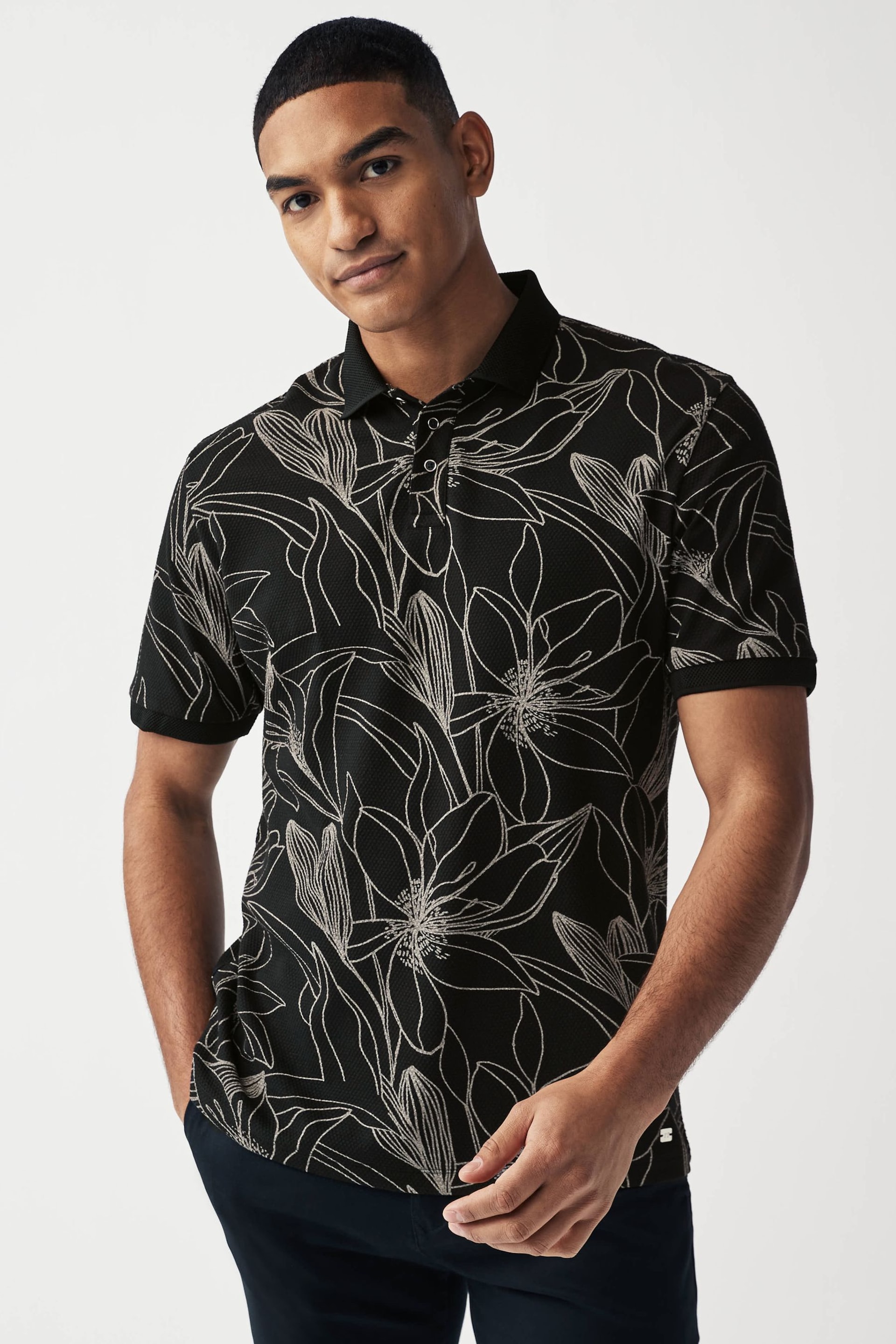 Black/White Floral Print Textured Polo Shirt - Image 2 of 8