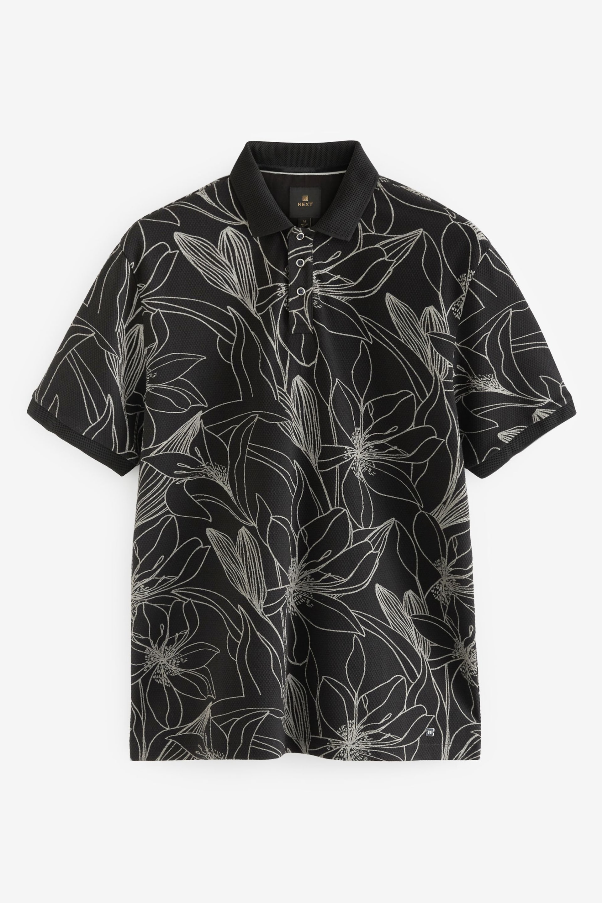 Black/White Floral Print Textured Polo Shirt - Image 6 of 8