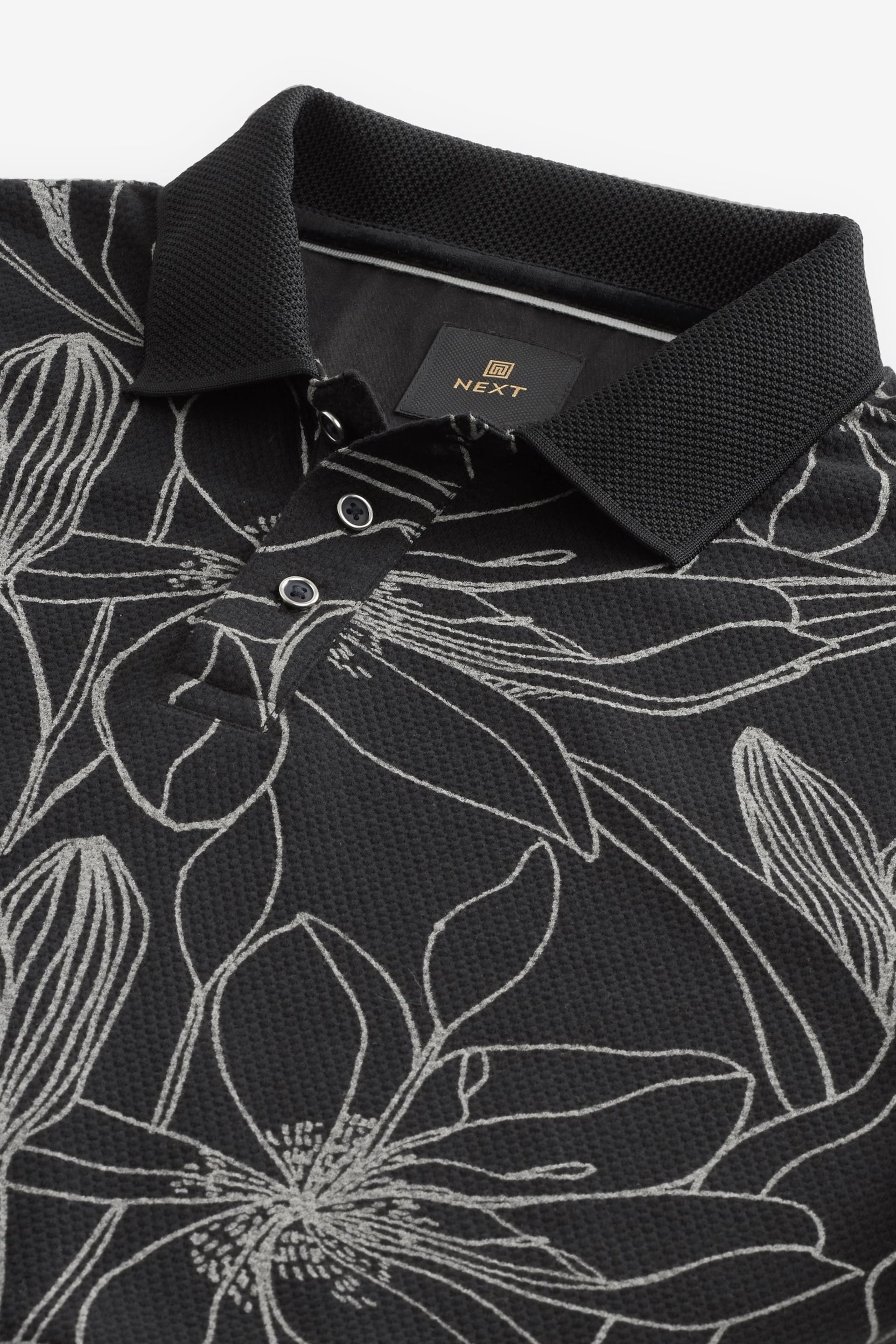 Black/White Floral Print Textured Polo Shirt - Image 7 of 8