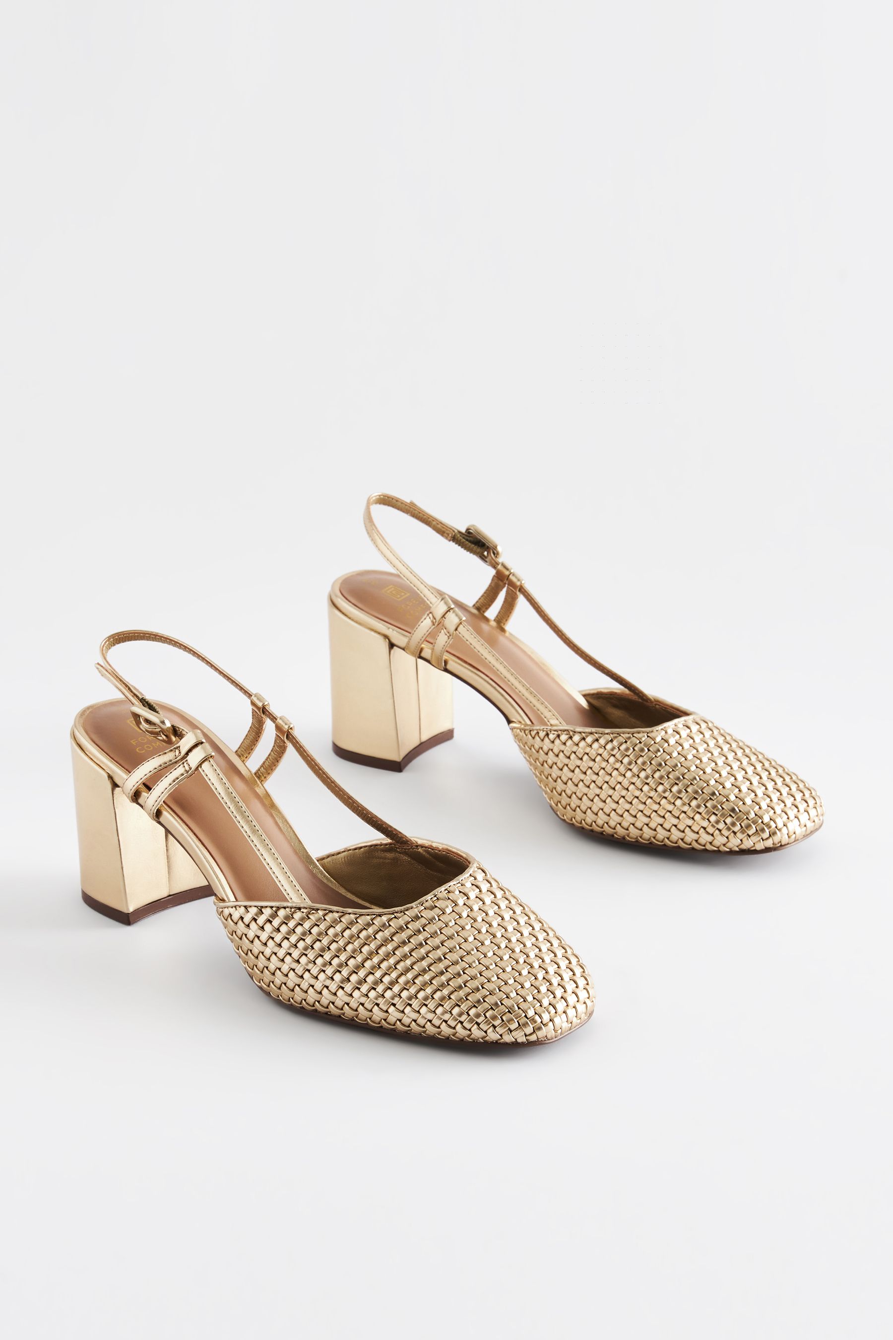 Buy Gold Forever Comfort Square Toe Weave Slingback Block Heel Shoes from Next Ireland