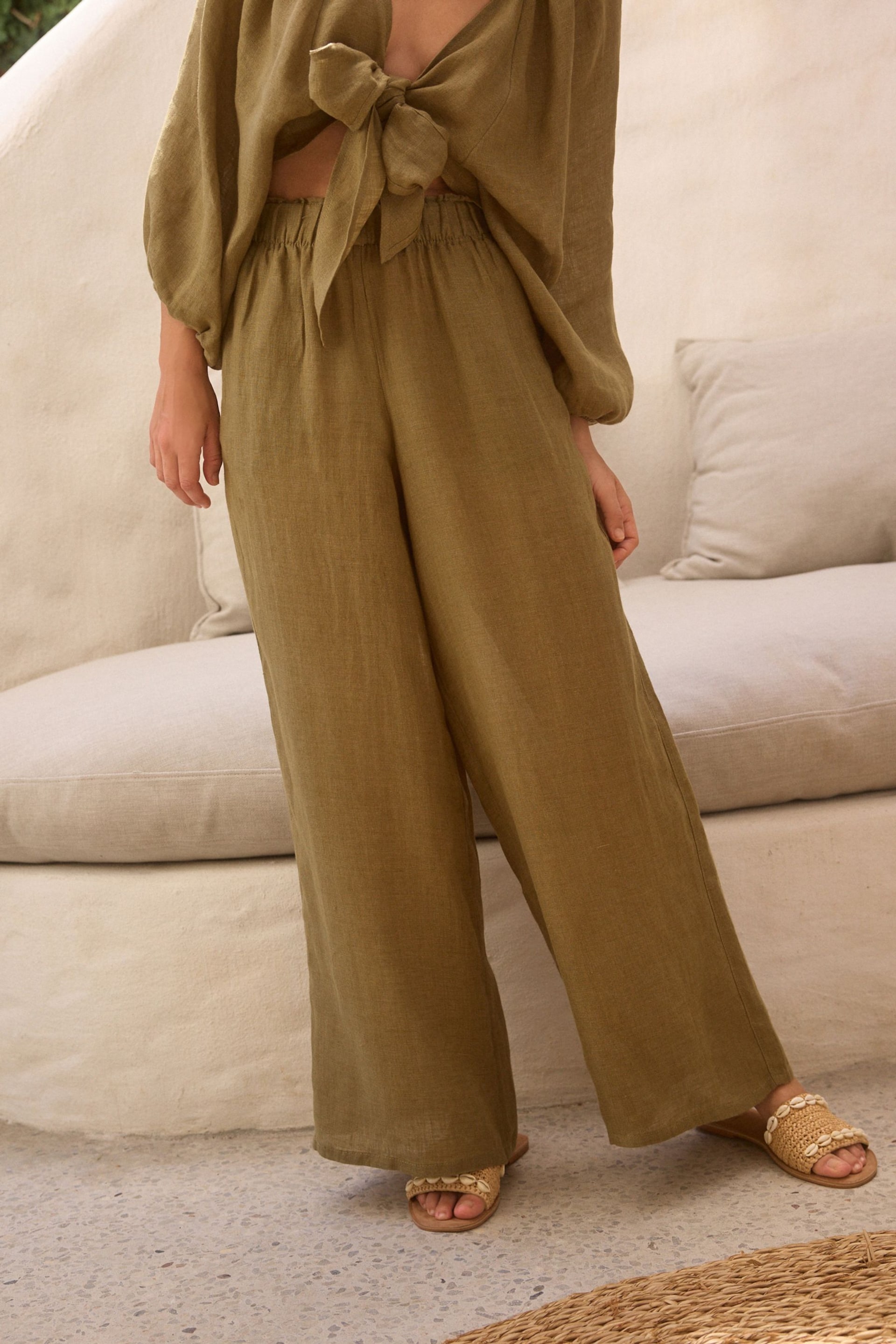 Khaki Green 100% Linen Premium Wide Leg Trousers - Image 4 of 6