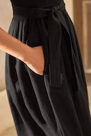 Black Shirred Premium 100% Linen Summer Midi Dress - Image 6 of 7