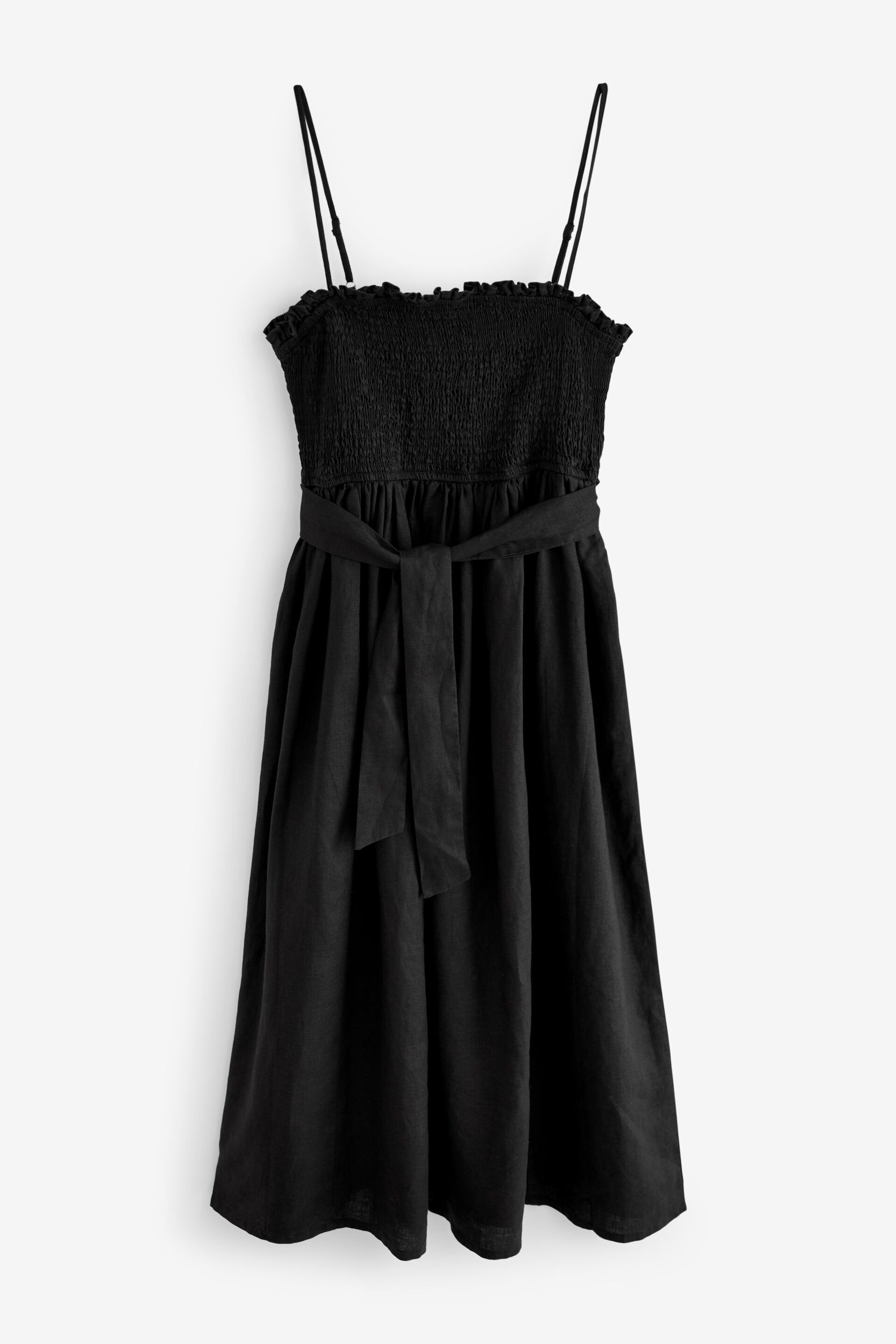 Black Shirred Premium 100% Linen Summer Midi Dress - Image 7 of 7
