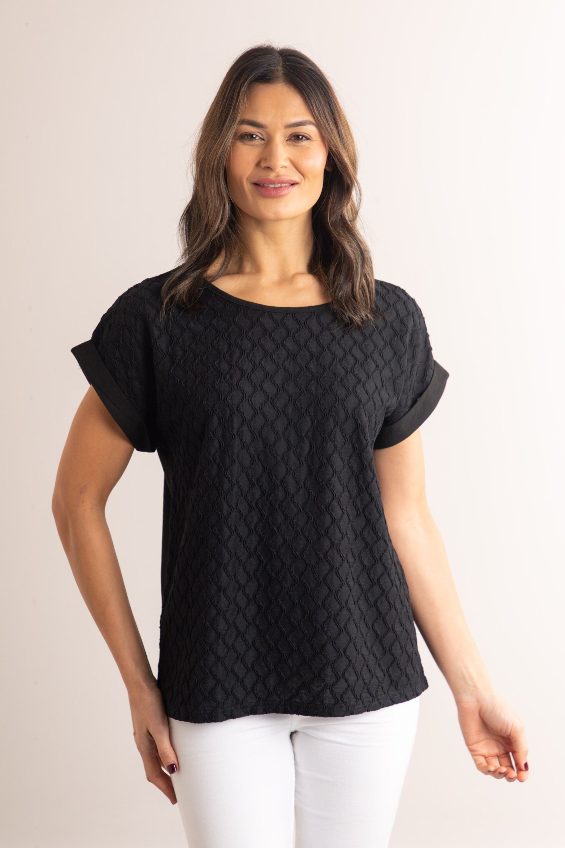 Lakeland Clothing Reay Textured Short Sleeve Black Blouse - Image 1 of 4