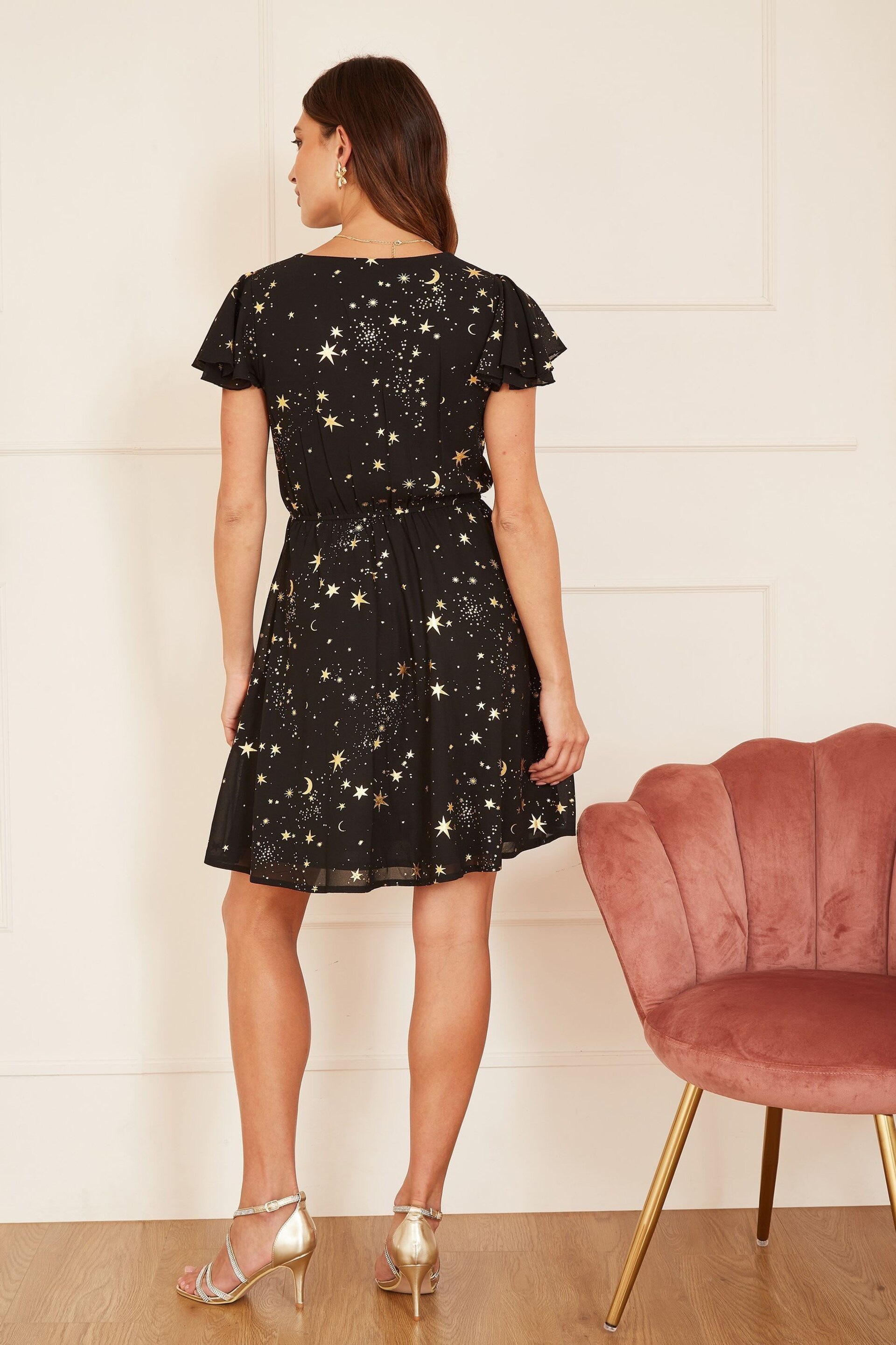 Mela Black Foil Star Print Wrap Skater Dress - Image 2 of 5