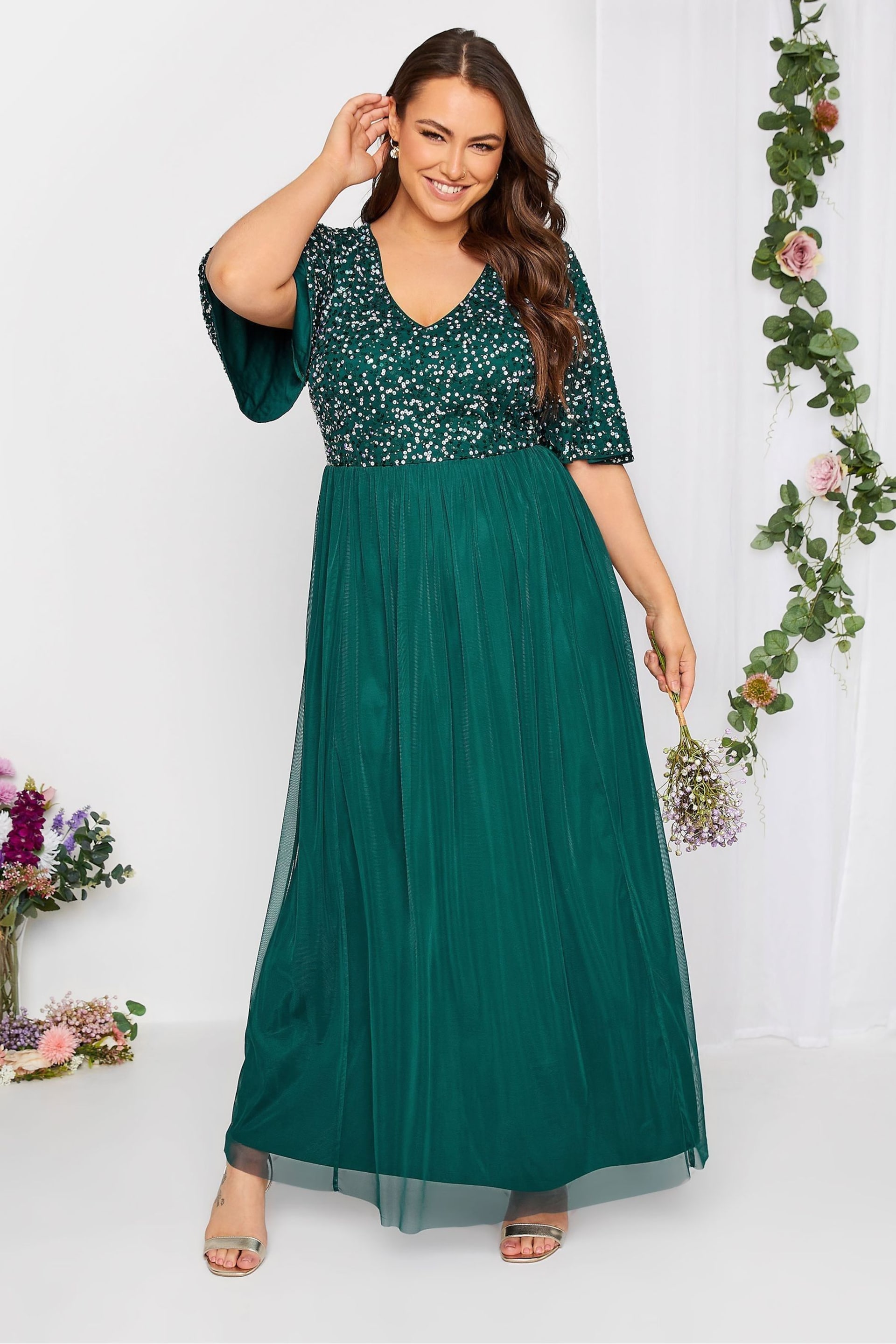 Yours Curve Green Luxe Embellished Angel Sleeve Maxi Dress - Image 1 of 5