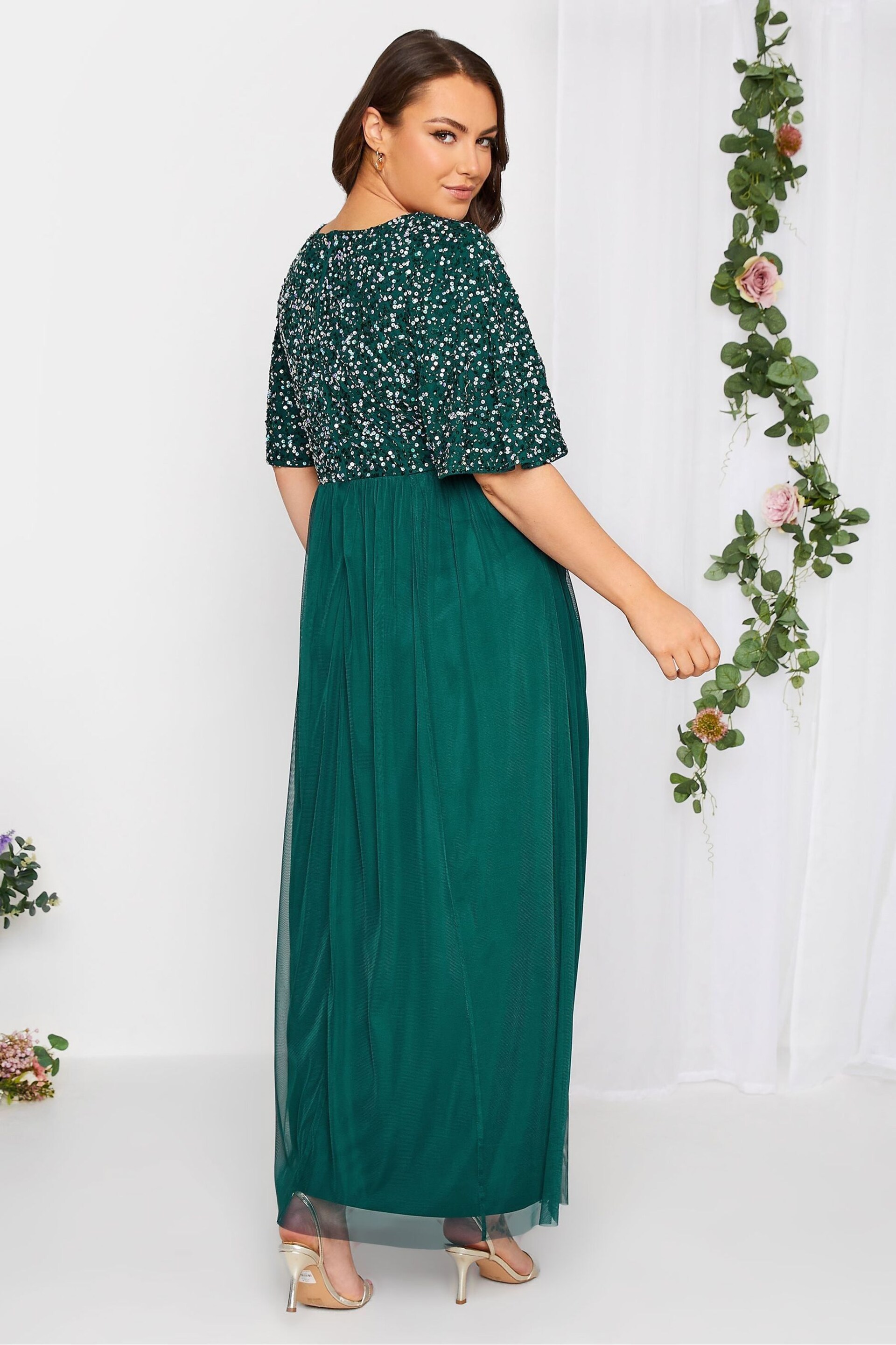 Yours Curve Green Luxe Embellished Angel Sleeve Maxi Dress - Image 2 of 5