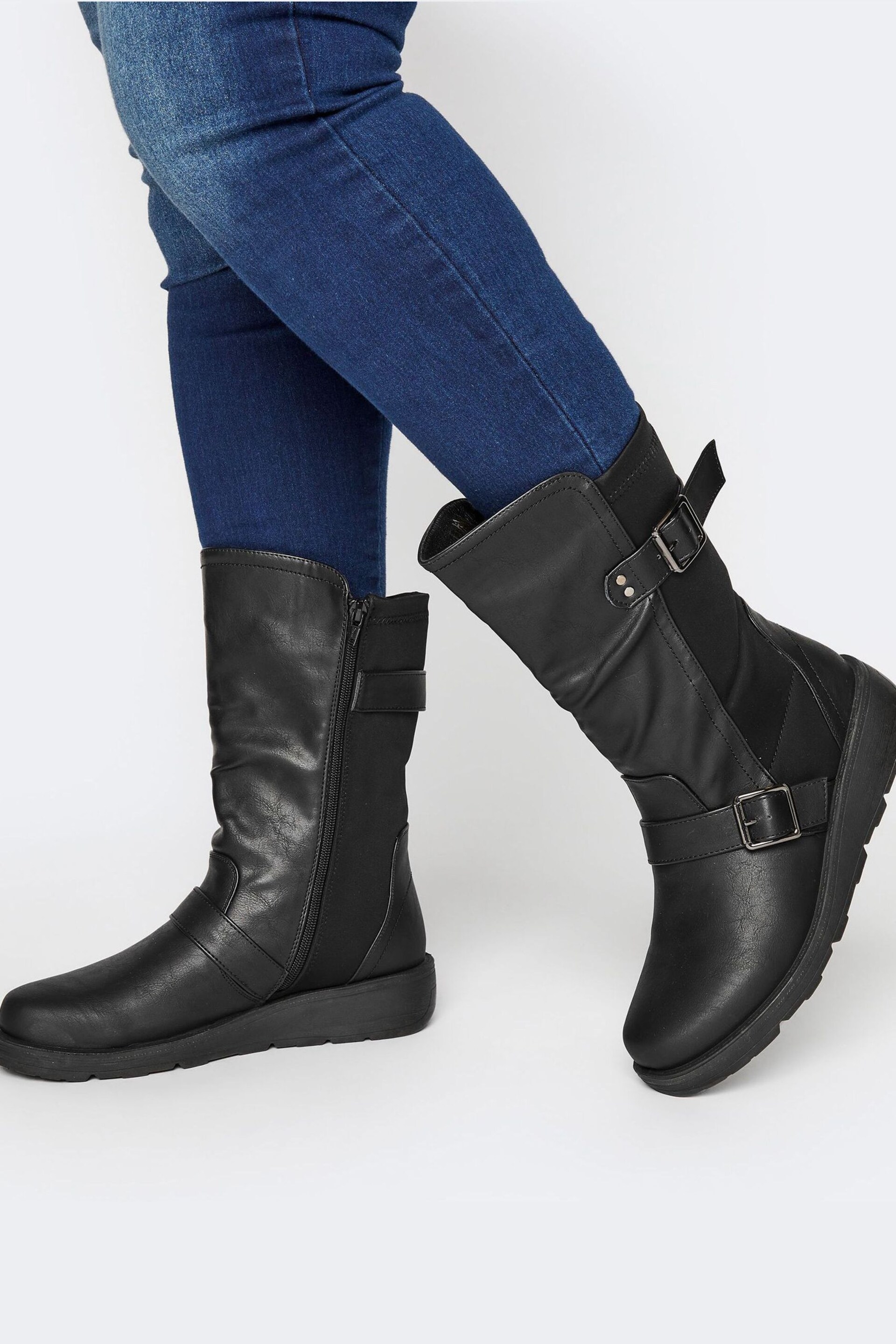 Yours Curve Black Extra Wide Fit Low Wedge Buckle Boots - Image 1 of 4