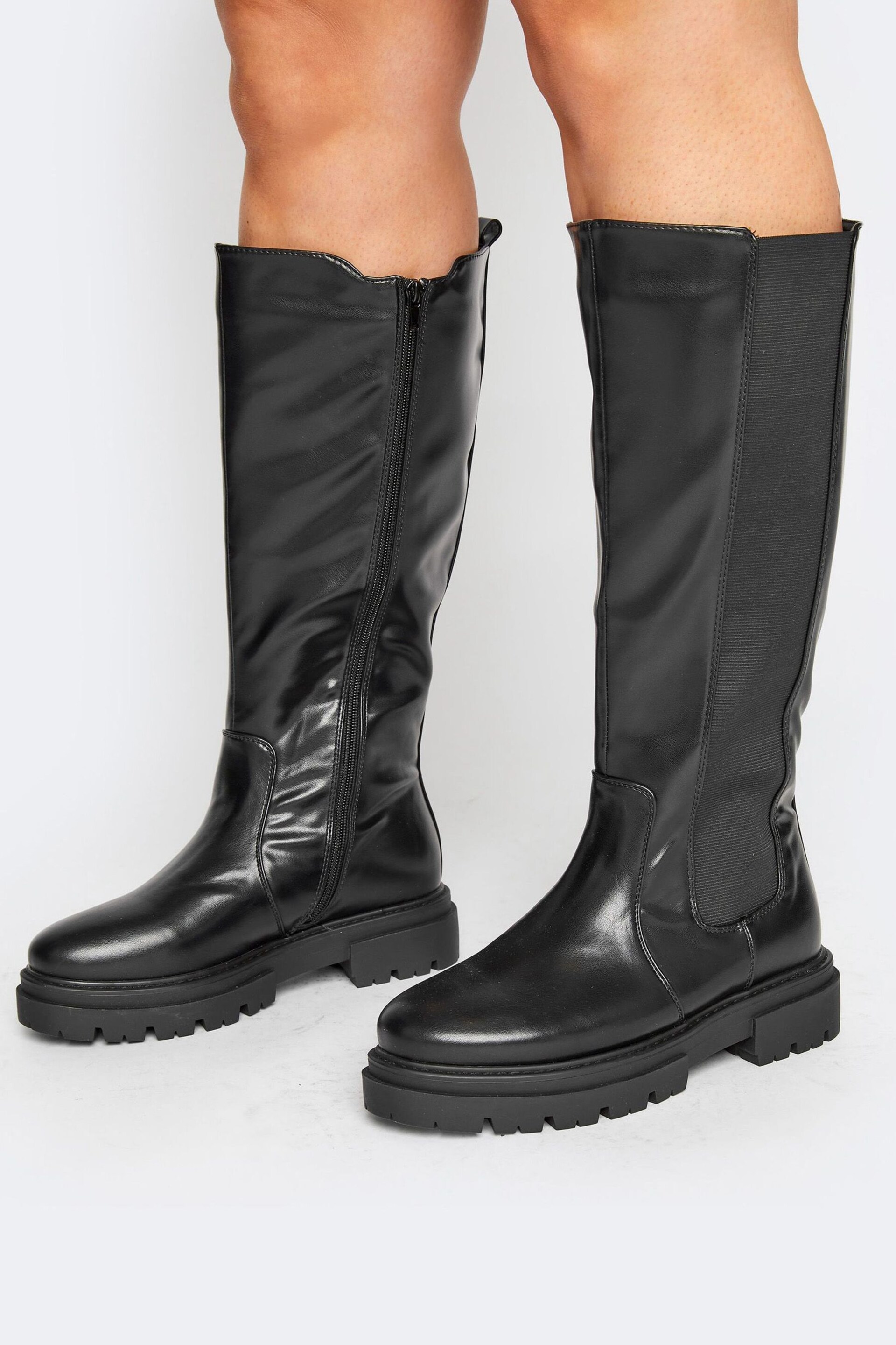 Yours Curve Black Wide Fit Elastic Knee Cleated Boots - Image 1 of 4