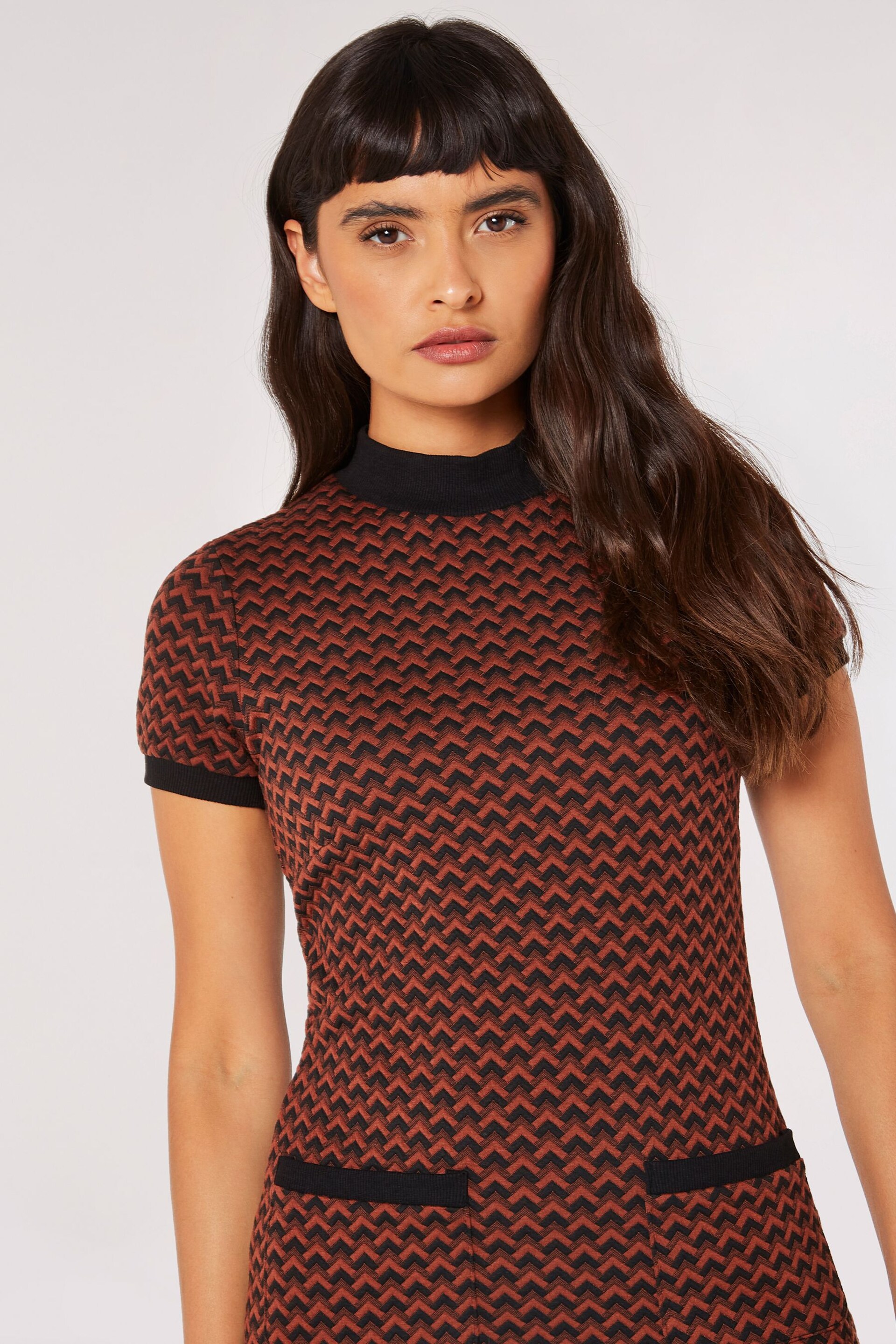 Apricot Brown Chevron Jacquard Mock Neck Dress - Image 4 of 4