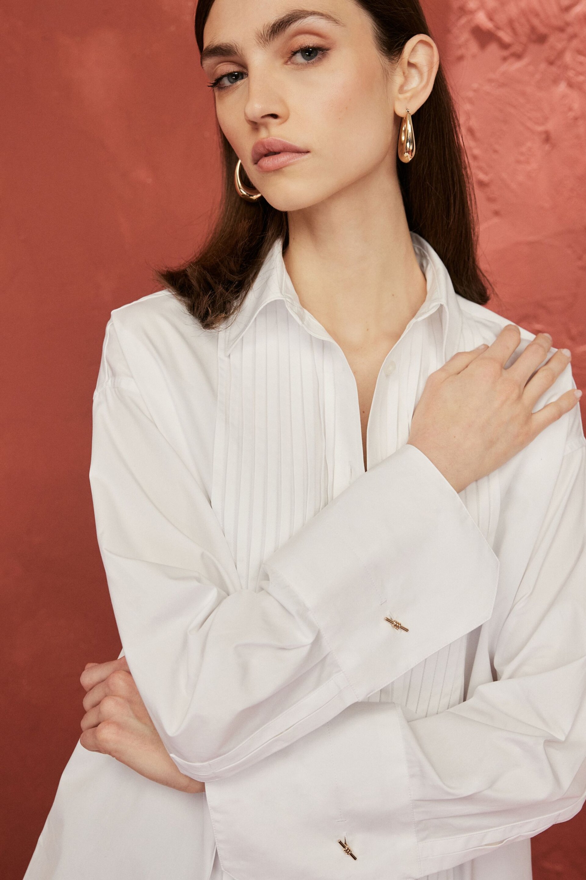 White Premium Pleated Long Sleeve Shirt - Image 1 of 8