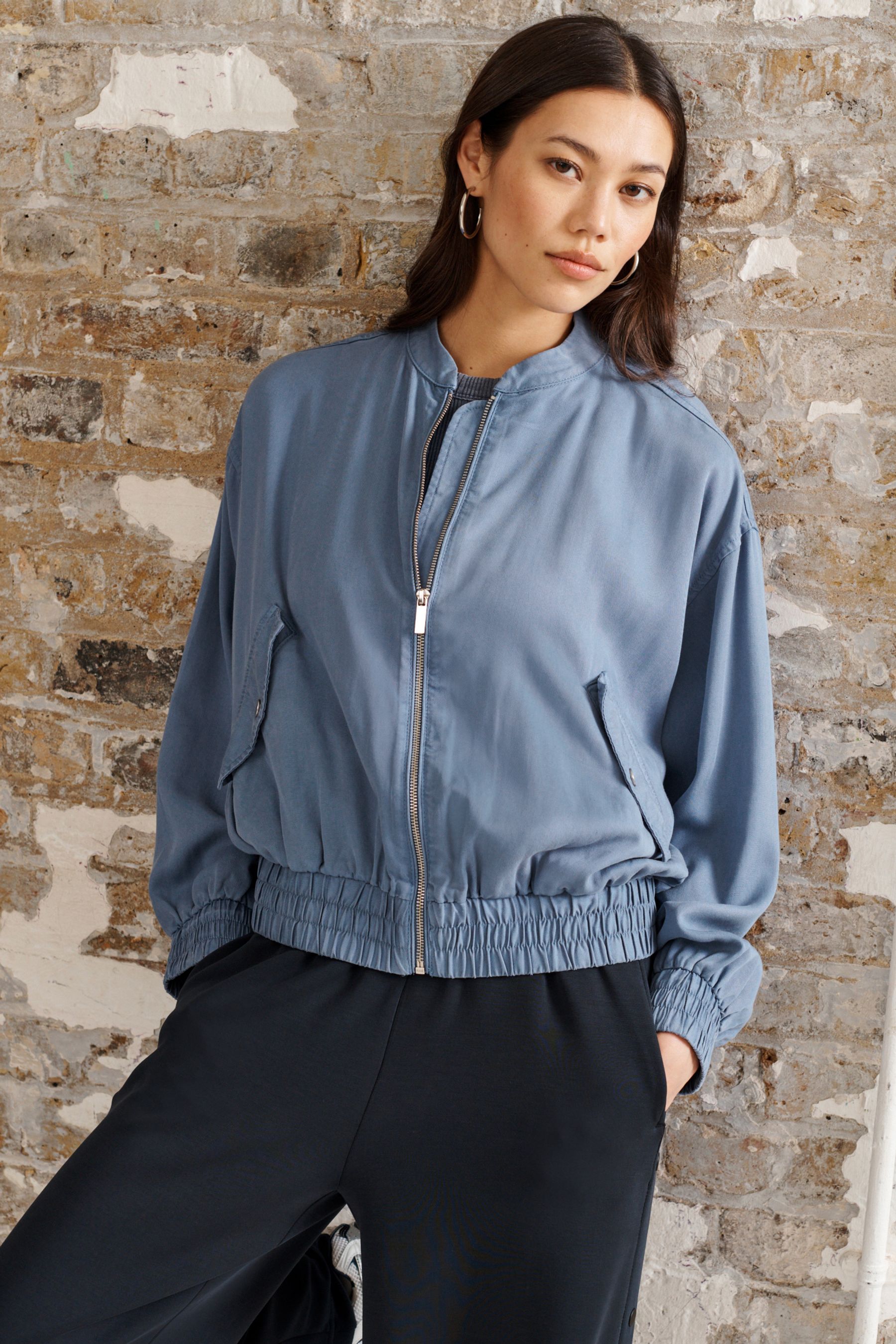 Blue Tencel Bomber Jacket