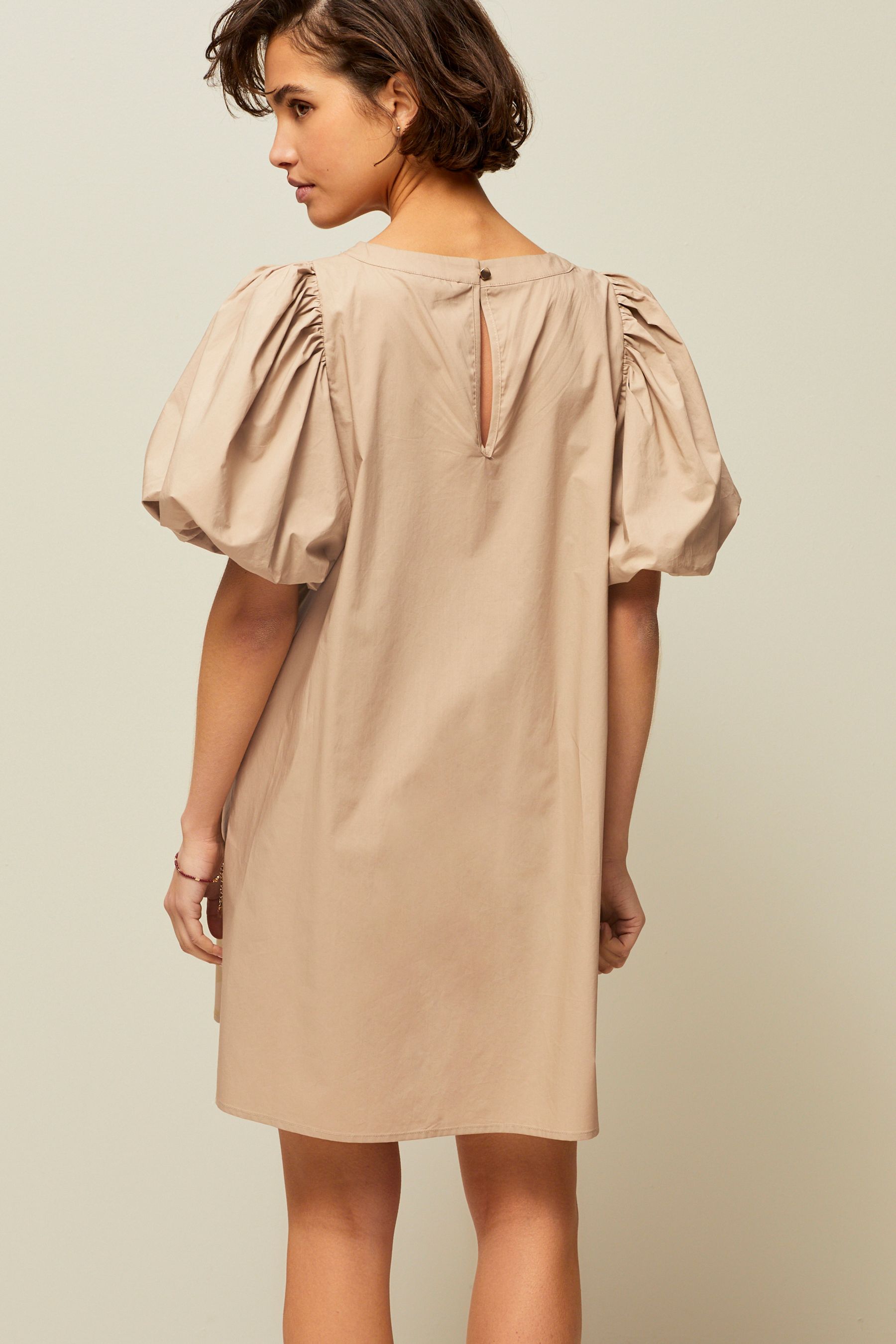 Buy Beige 100 Cotton Poplin Puff Sleeve Crochet Insert Mini Dress from Next Luxembourg