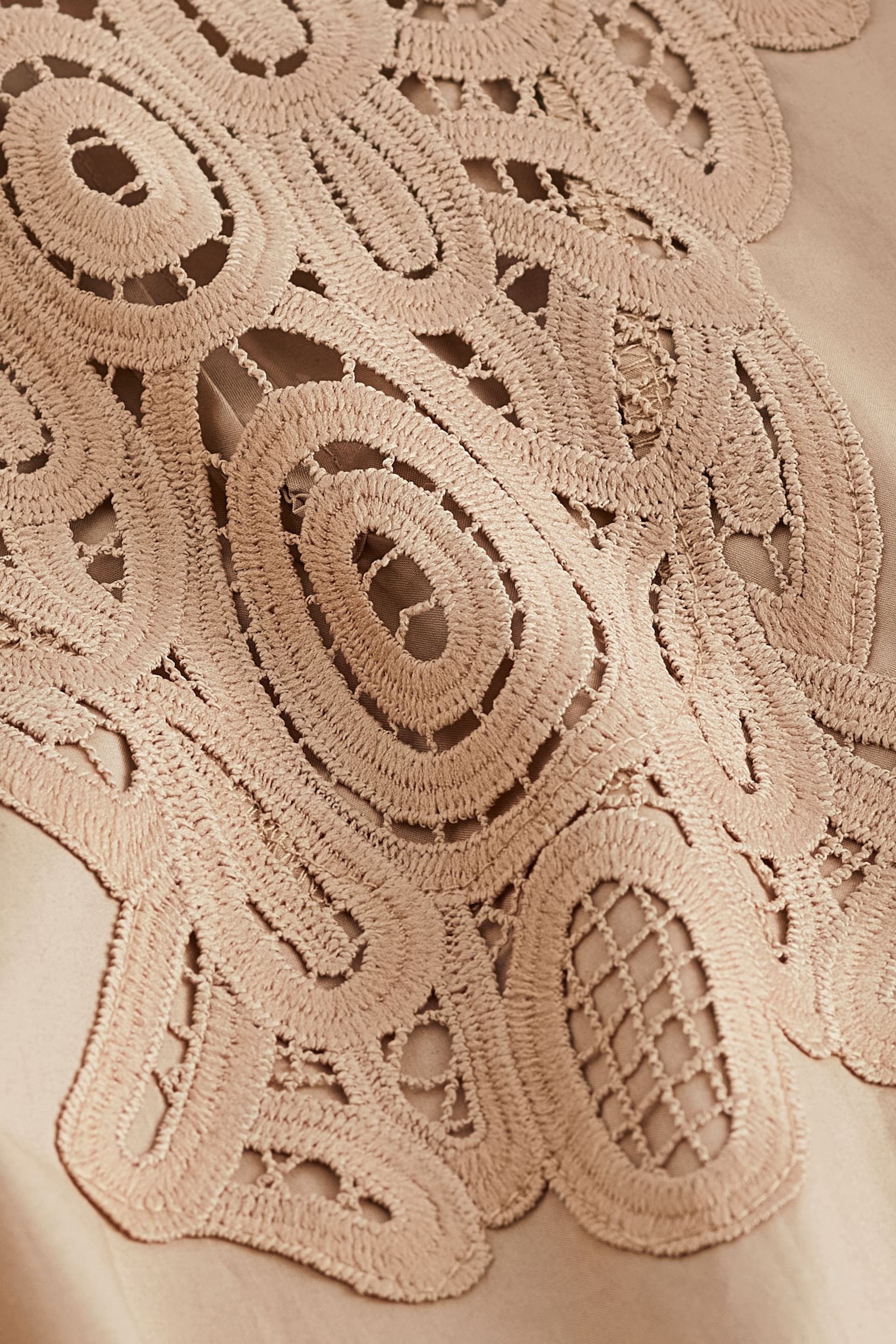 Beige 100% Cotton Poplin Puff Sleeve Crochet Insert Mini Dress - Image 5 of 6