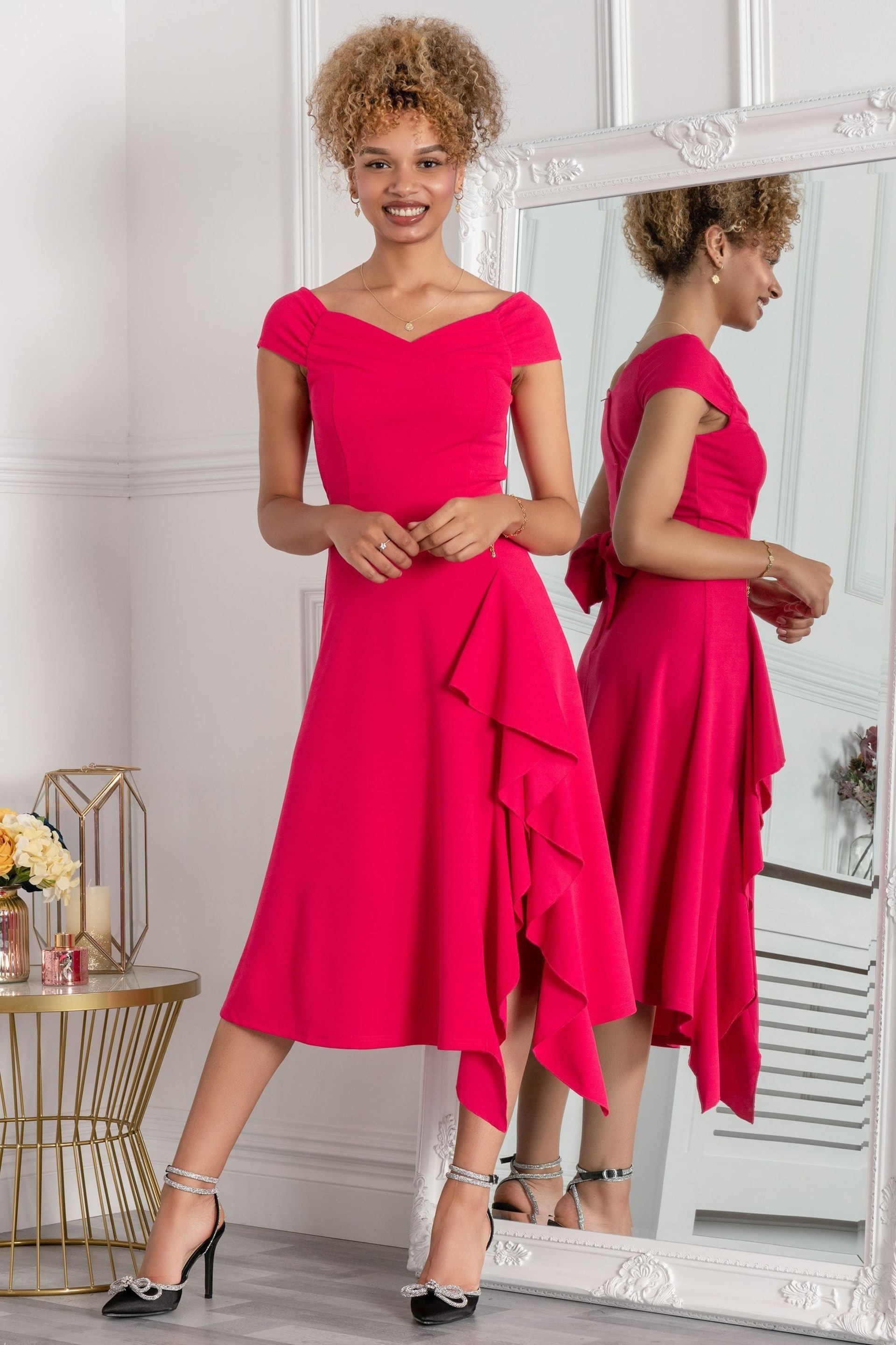 Jolie Moi Pink Desiree Frill Fit & Flare Dress - Image 4 of 5