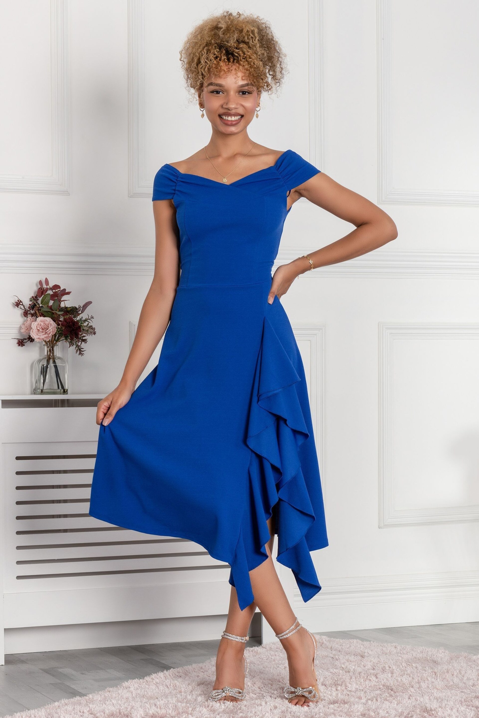 Jolie Moi Cobalt Blue Desiree Frill Fit & Flare Dress - Image 5 of 5