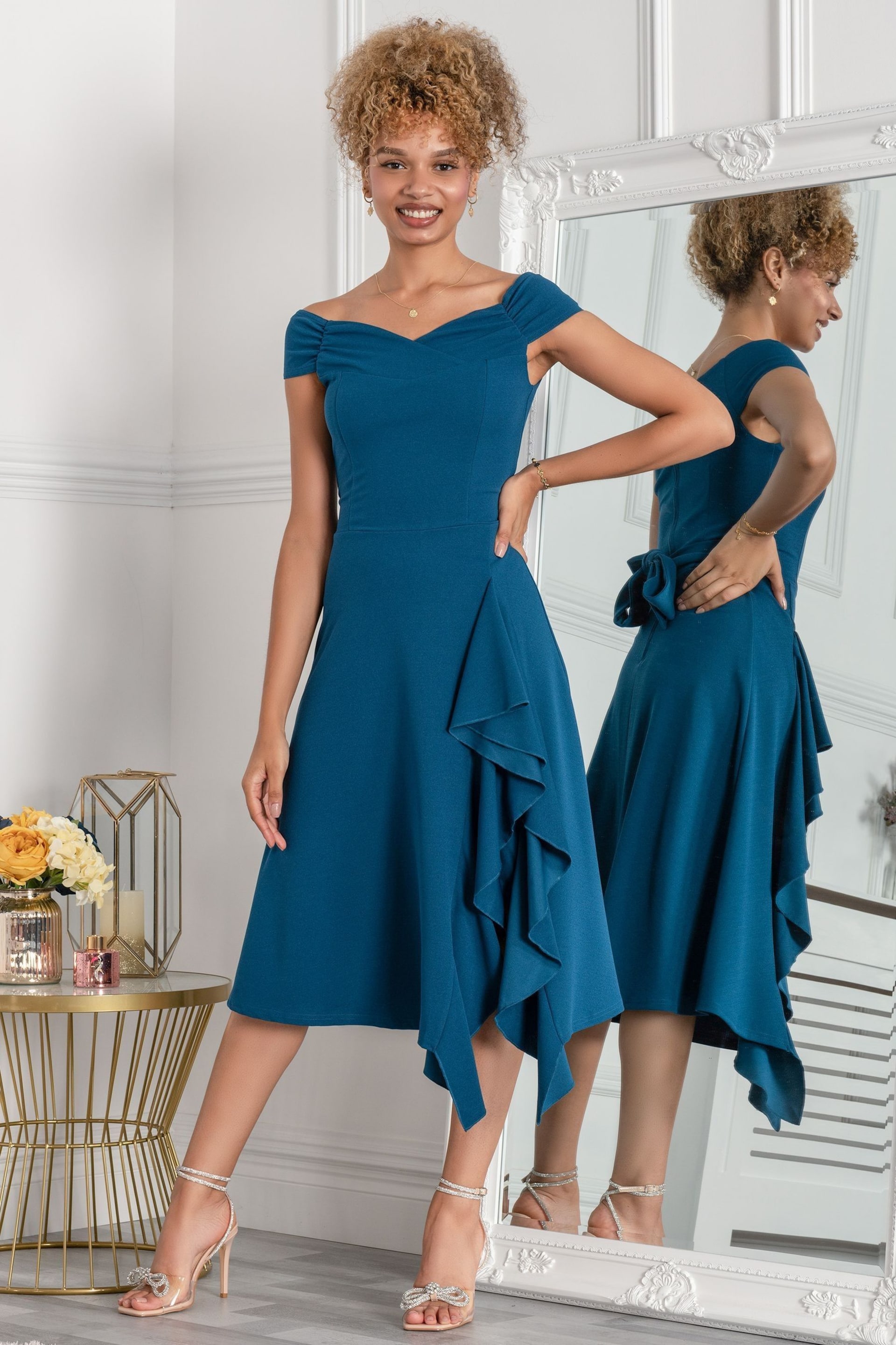 Jolie Moi Teal Blue Desiree Frill Fit & Flare Dress - Image 1 of 5