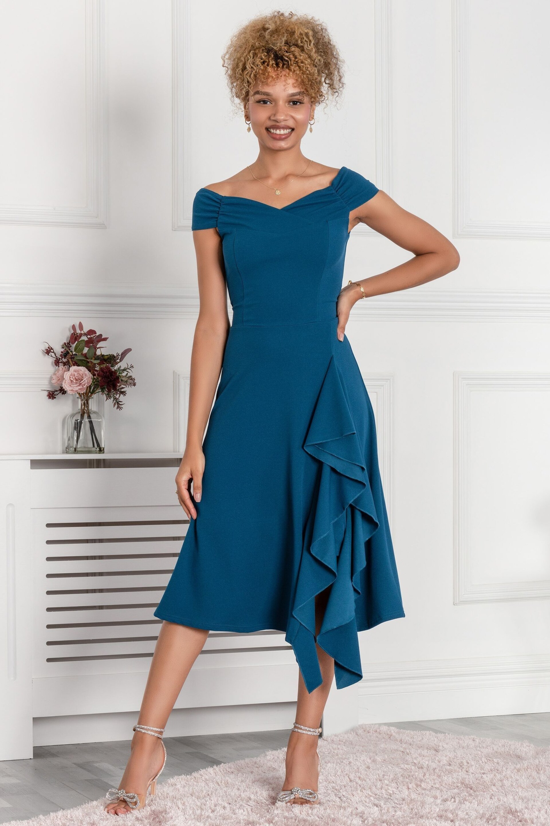 Jolie Moi Teal Blue Desiree Frill Fit & Flare Dress - Image 4 of 5