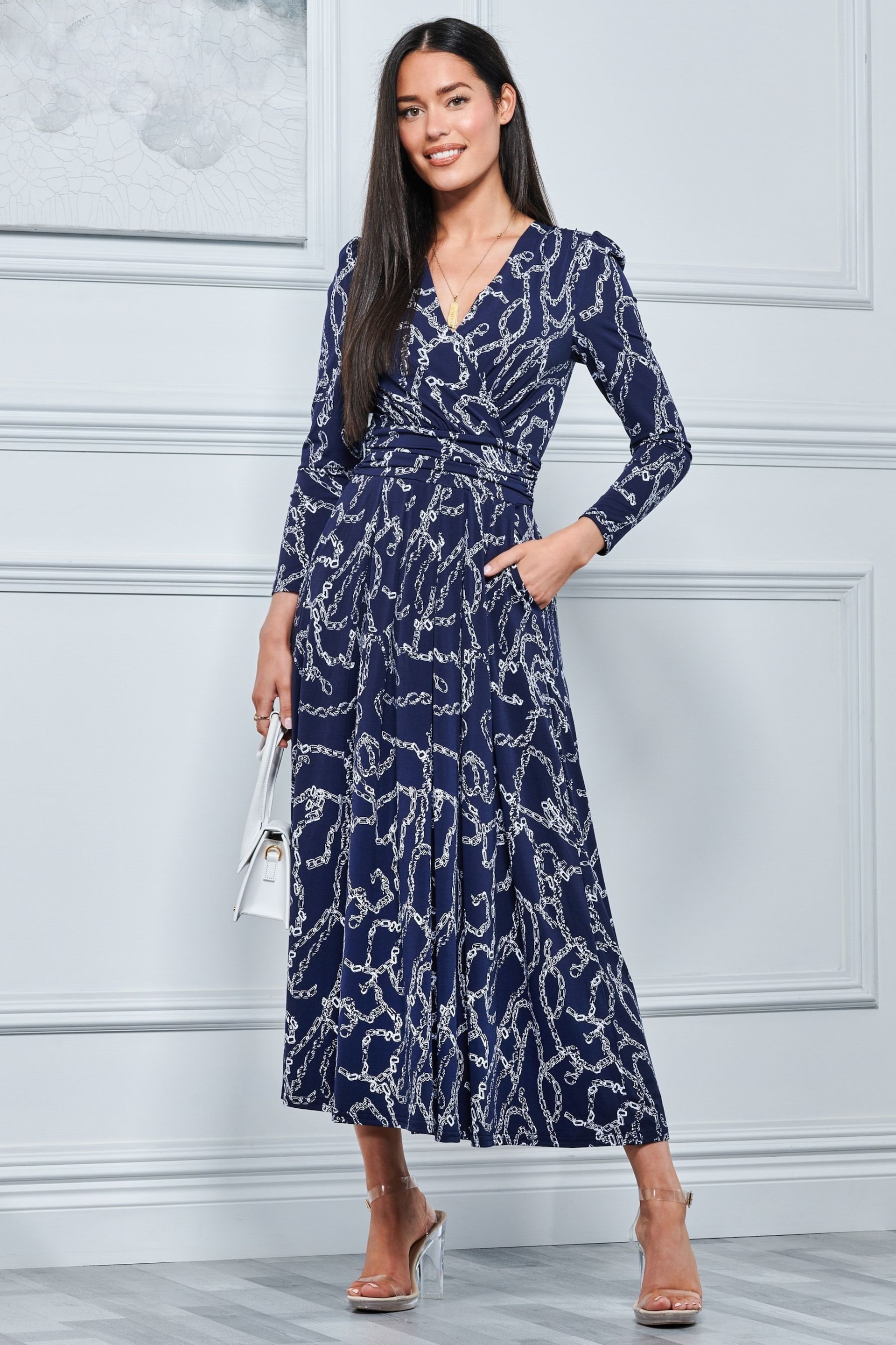 Jolie Moi Blue Chain Print Long Sleeve Maxi Dress - Image 1 of 5