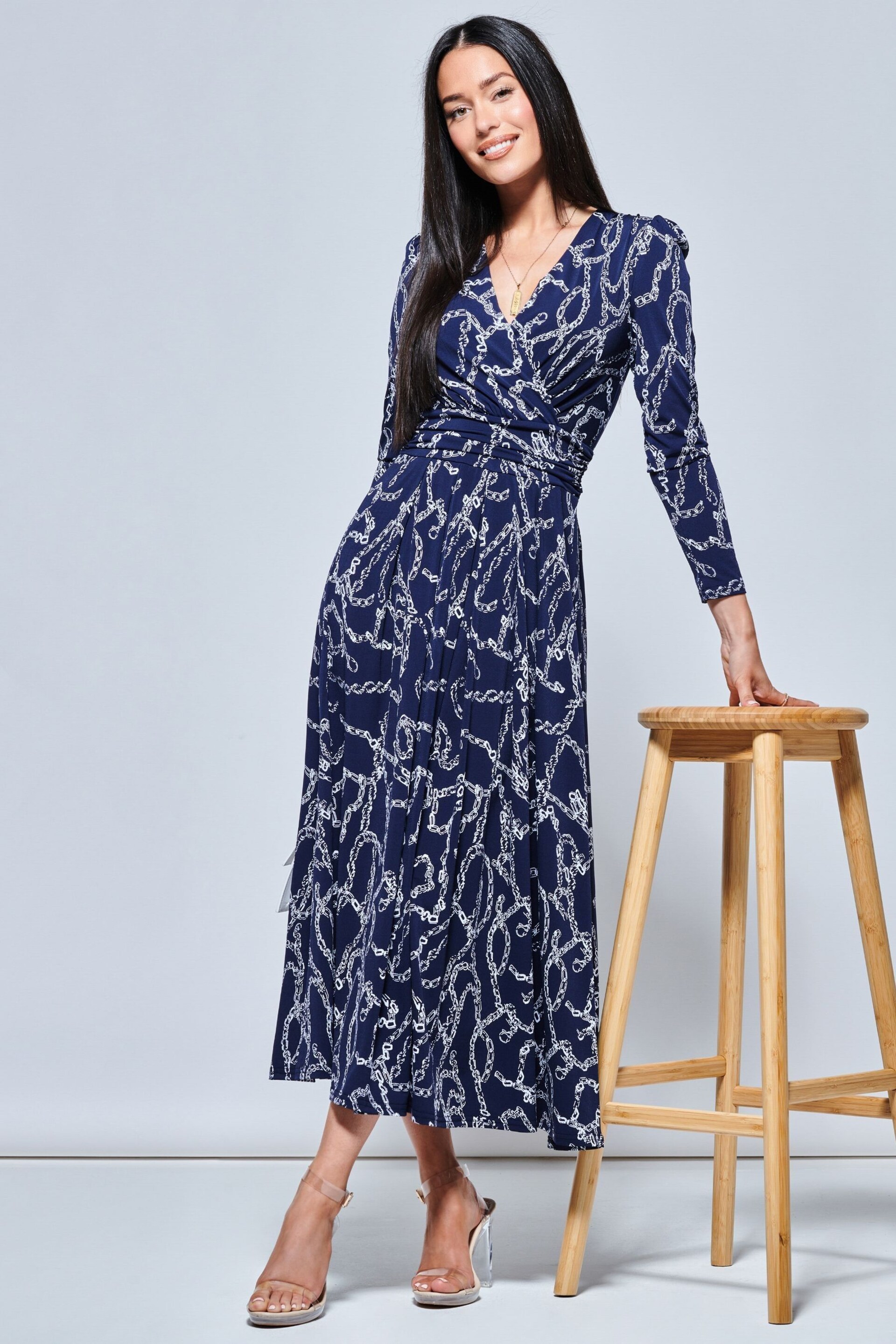 Jolie Moi Blue Chain Print Long Sleeve Maxi Dress - Image 3 of 5