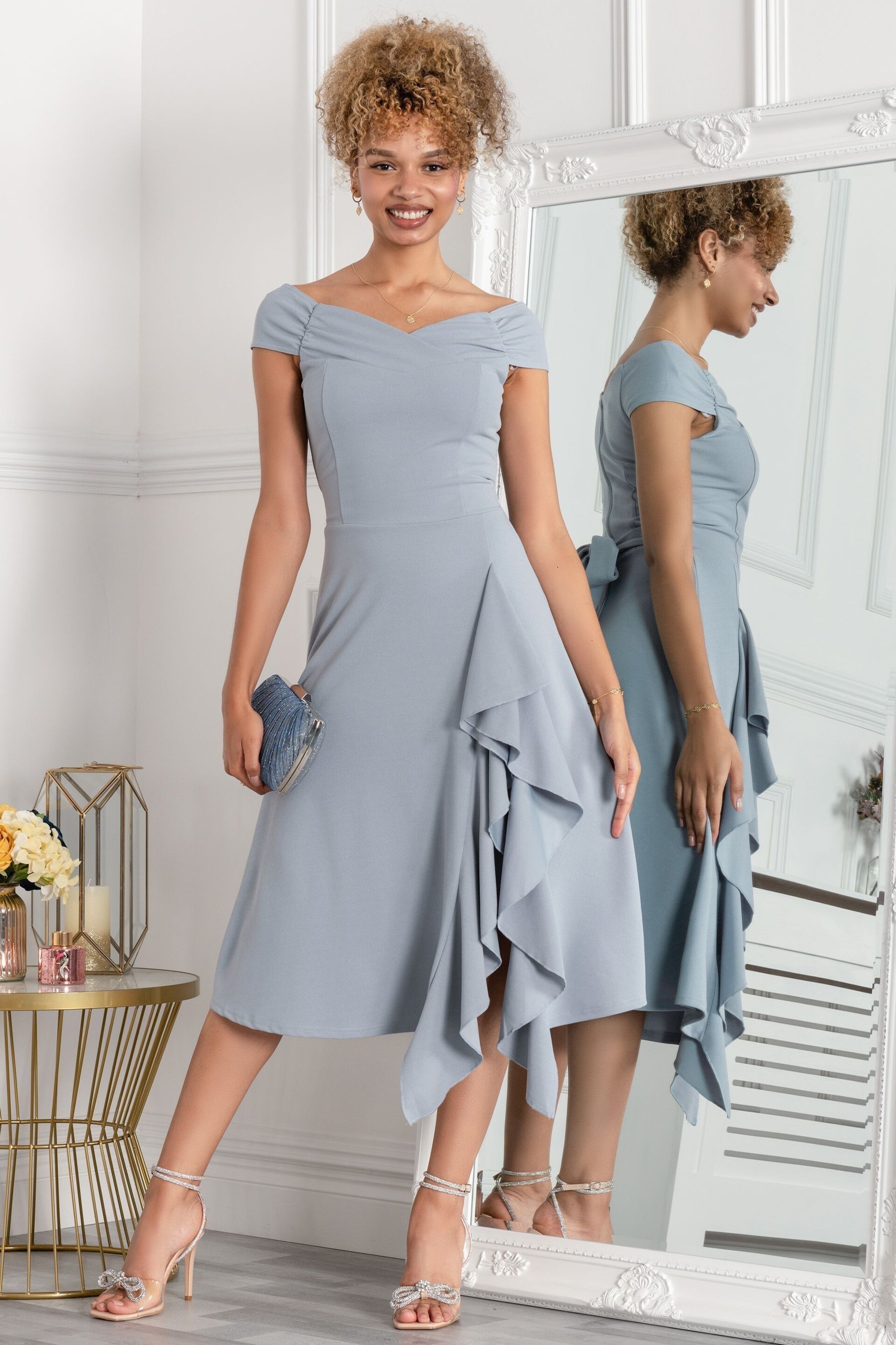 Jolie Moi Grey Desiree Frill Fit & Flare Dress - Image 1 of 5